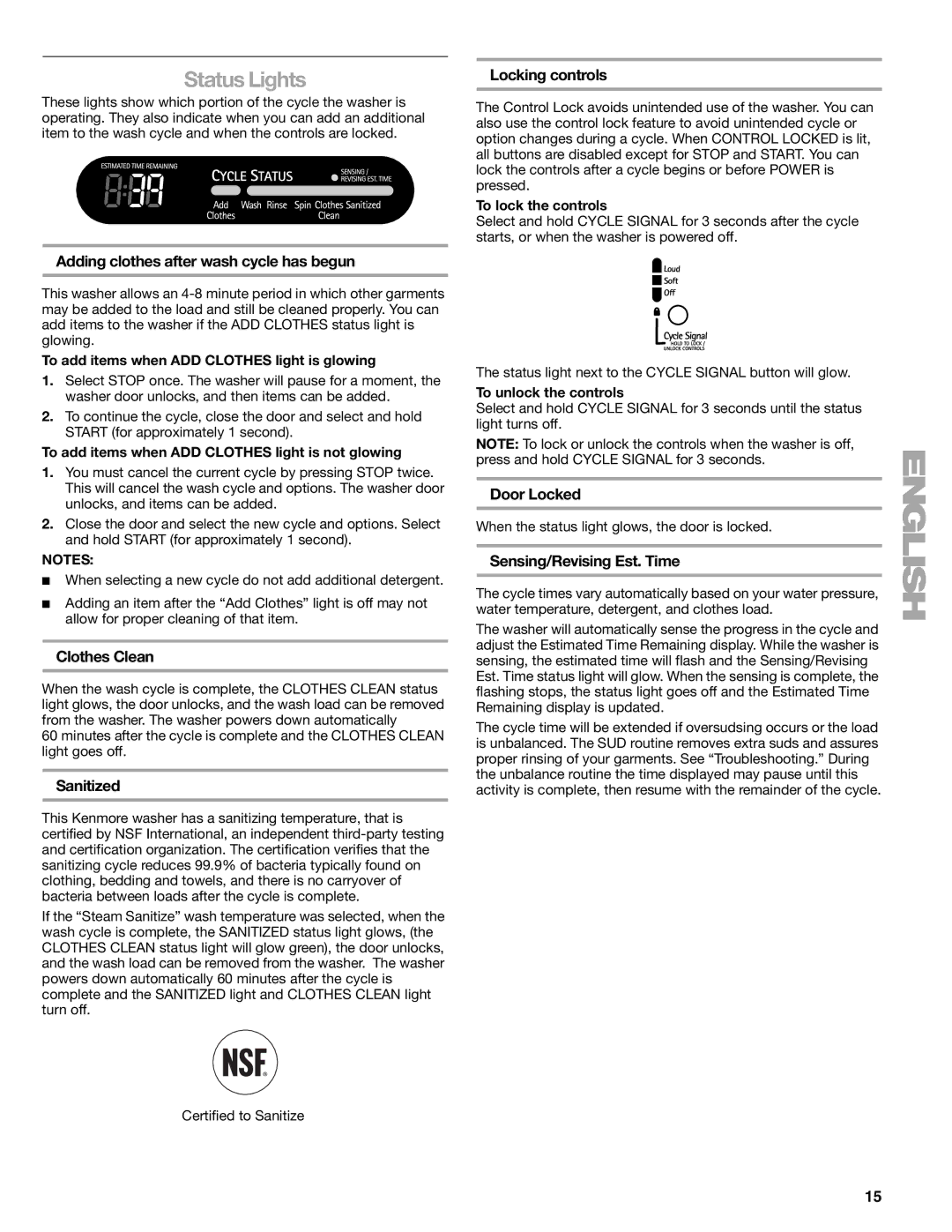 Kenmore W10133487A manual Status Lights 