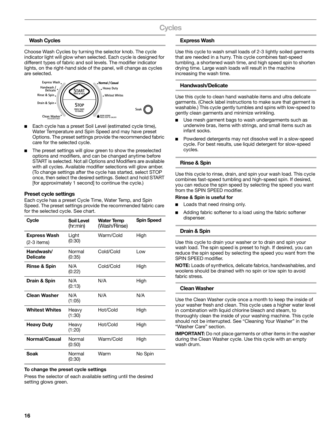 Kenmore W10133487A manual Cycles 