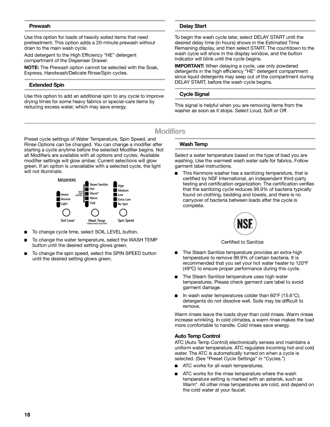 Kenmore W10133487A manual Modifiers 