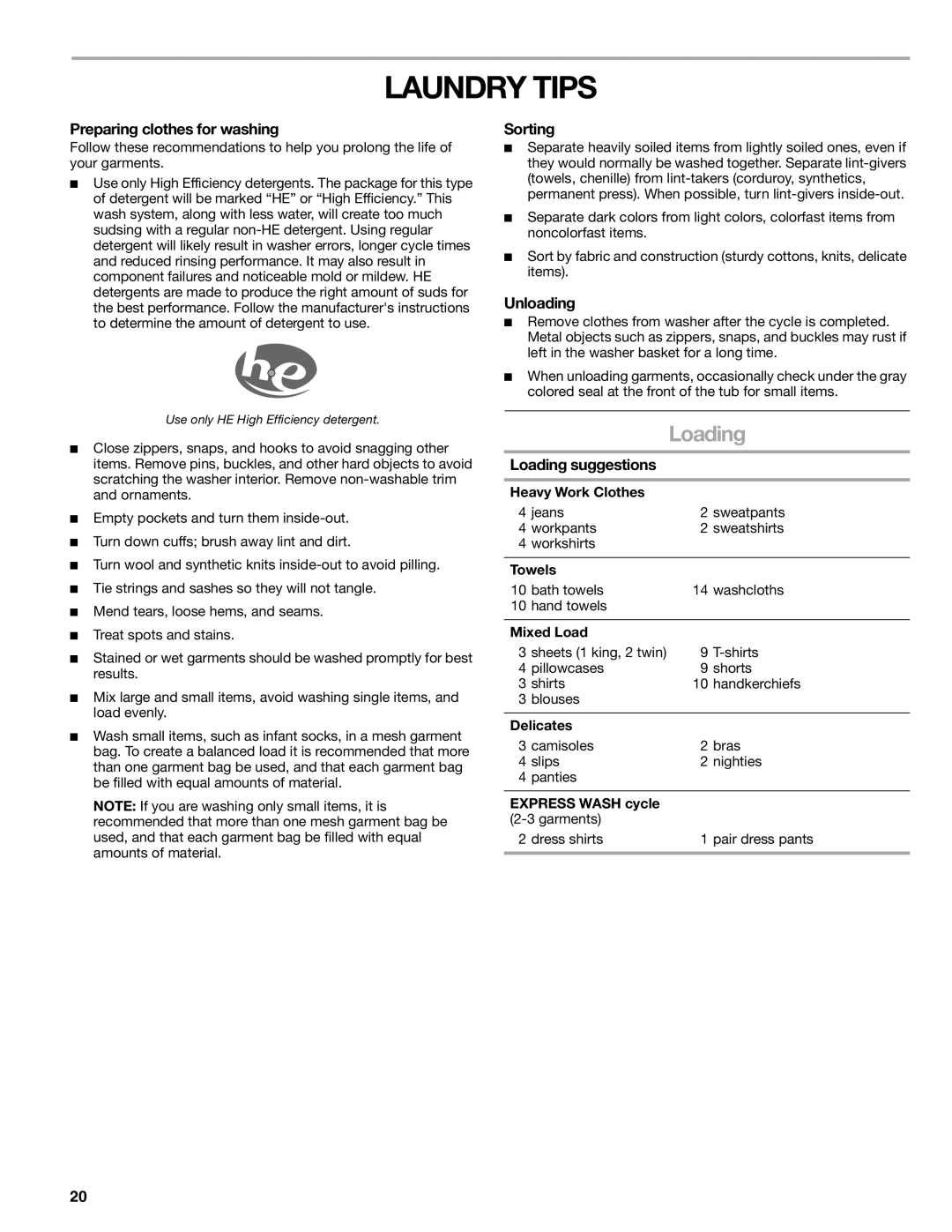 Kenmore W10133487A manual Laundry Tips, Loading 