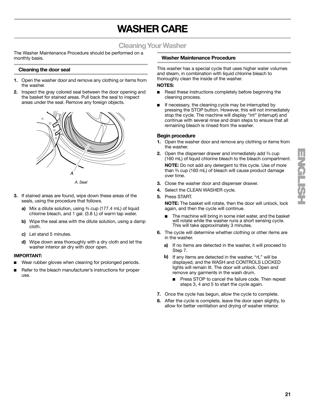 Kenmore W10133487A manual Washer Care, Cleaning Your Washer, Cleaning the door seal, Washer Maintenance Procedure 