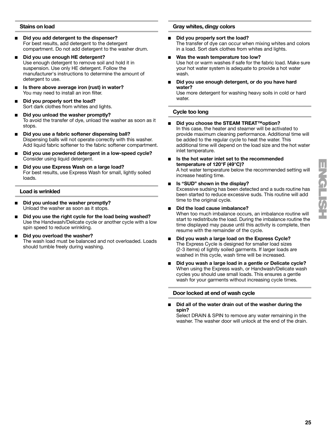 Kenmore W10133487A manual Stains on load, Load is wrinkled, Gray whites, dingy colors, Cycle too long 