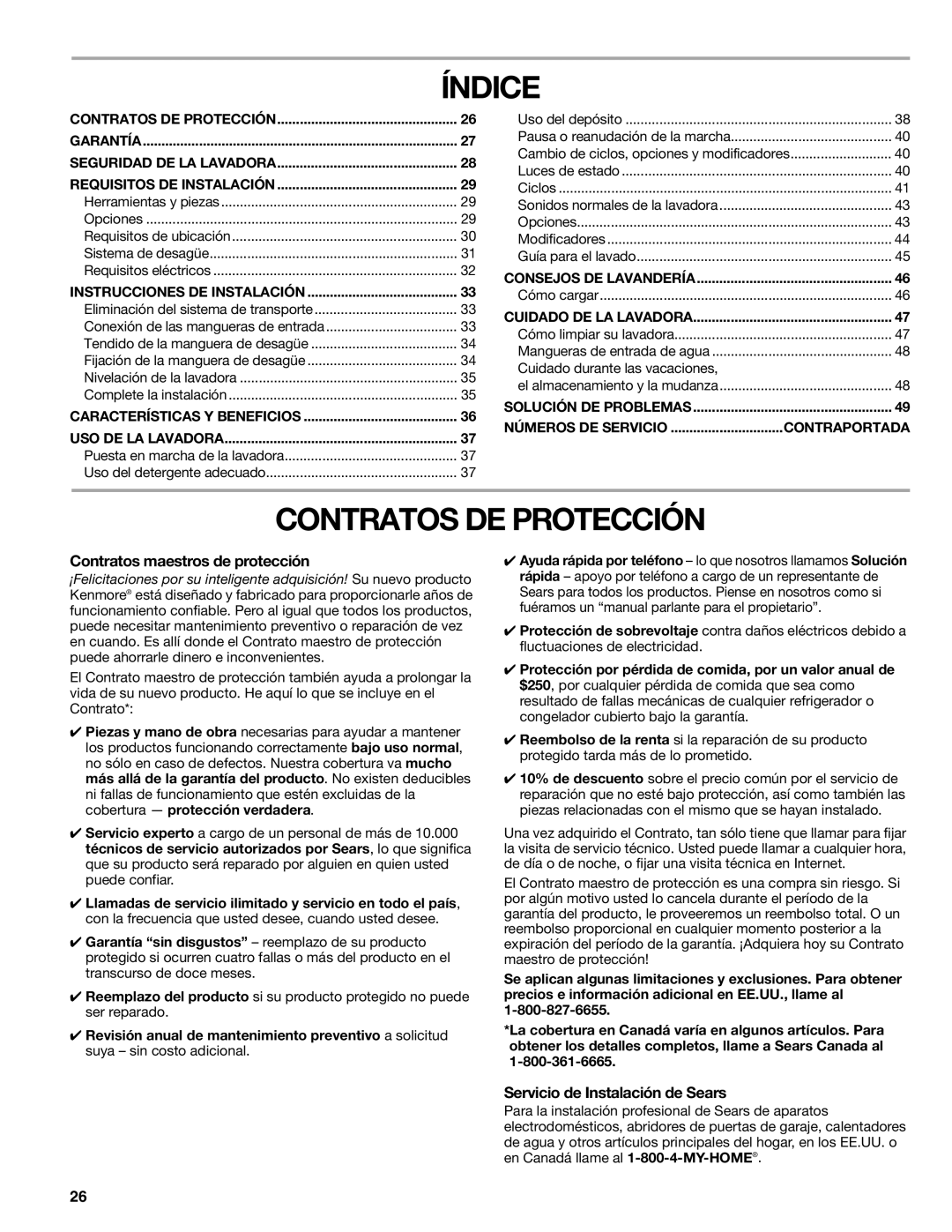 Kenmore W10133487A Índice, Contratos DE Protección, Contratos maestros de protección, Servicio de Instalación de Sears 