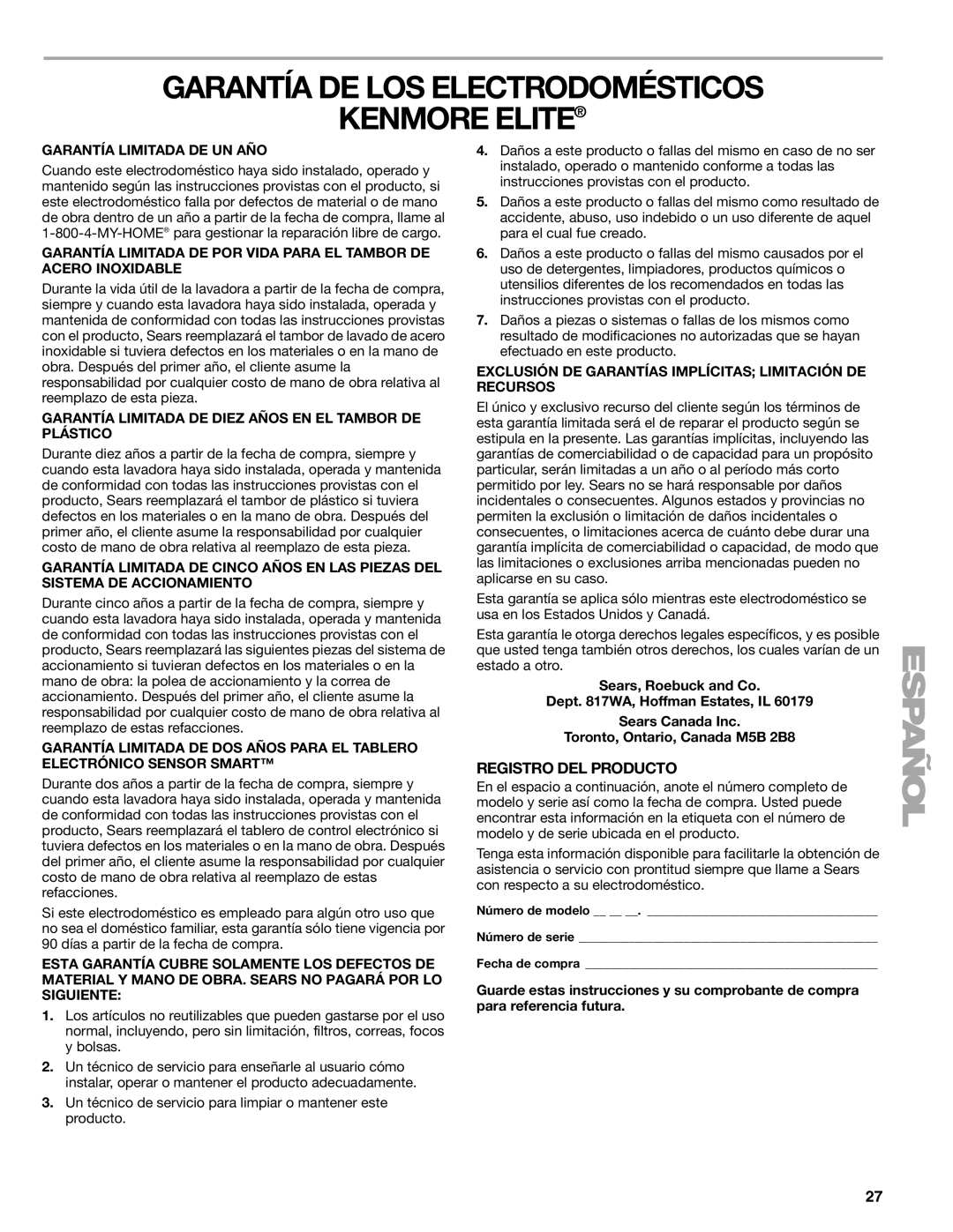 Kenmore W10133487A manual Garantía DE LOS Electrodomésticos Kenmore Elite, Garantía Limitada DE UN AÑO 