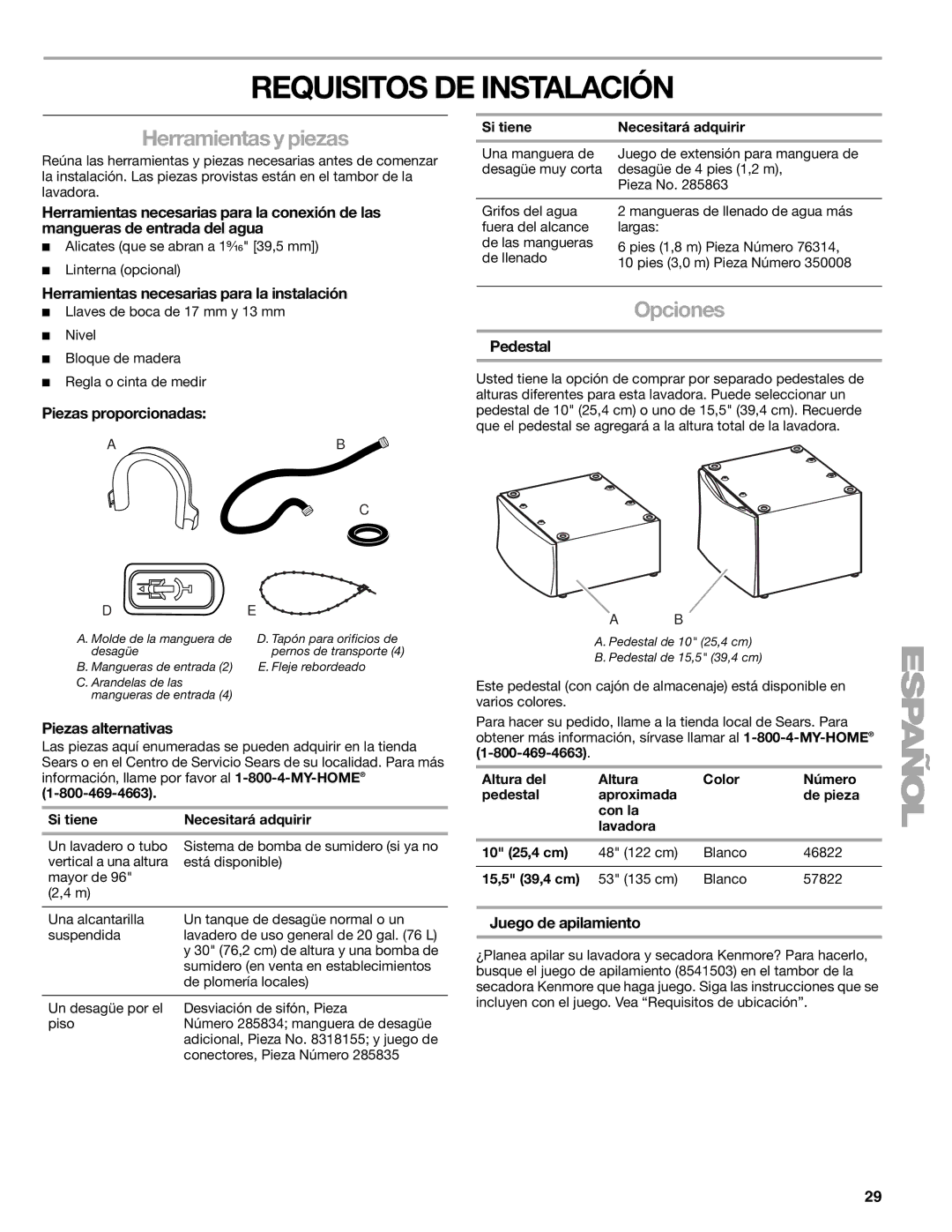 Kenmore W10133487A manual Requisitos DE Instalación, Herramientas y piezas, Opciones 