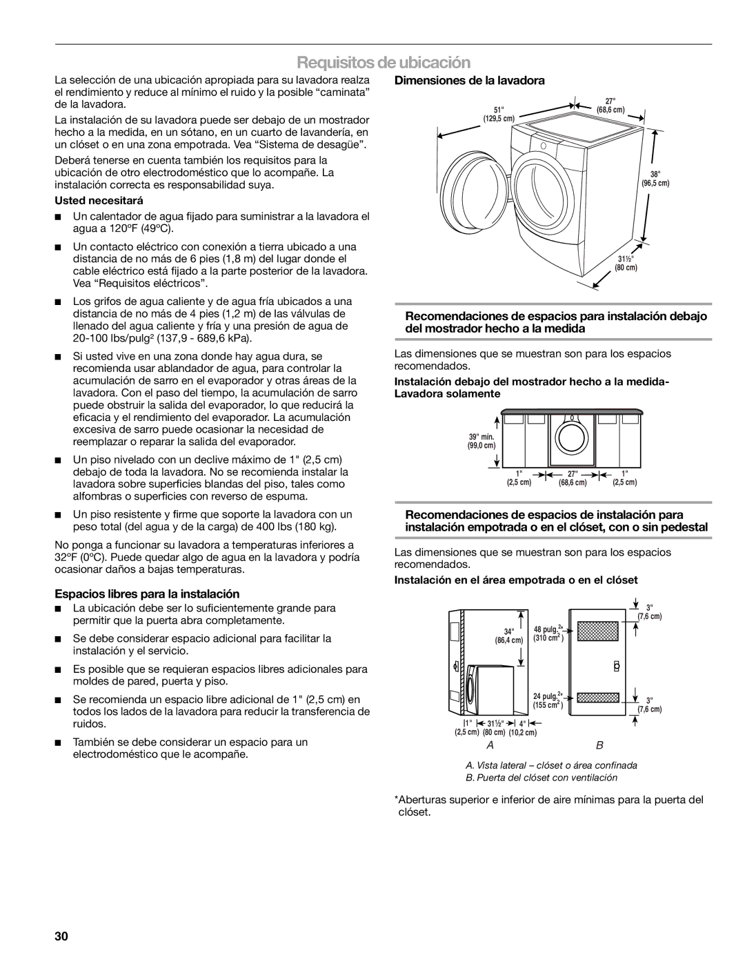 Kenmore W10133487A manual Requisitos de ubicación, Dimensiones de la lavadora, Usted necesitará 