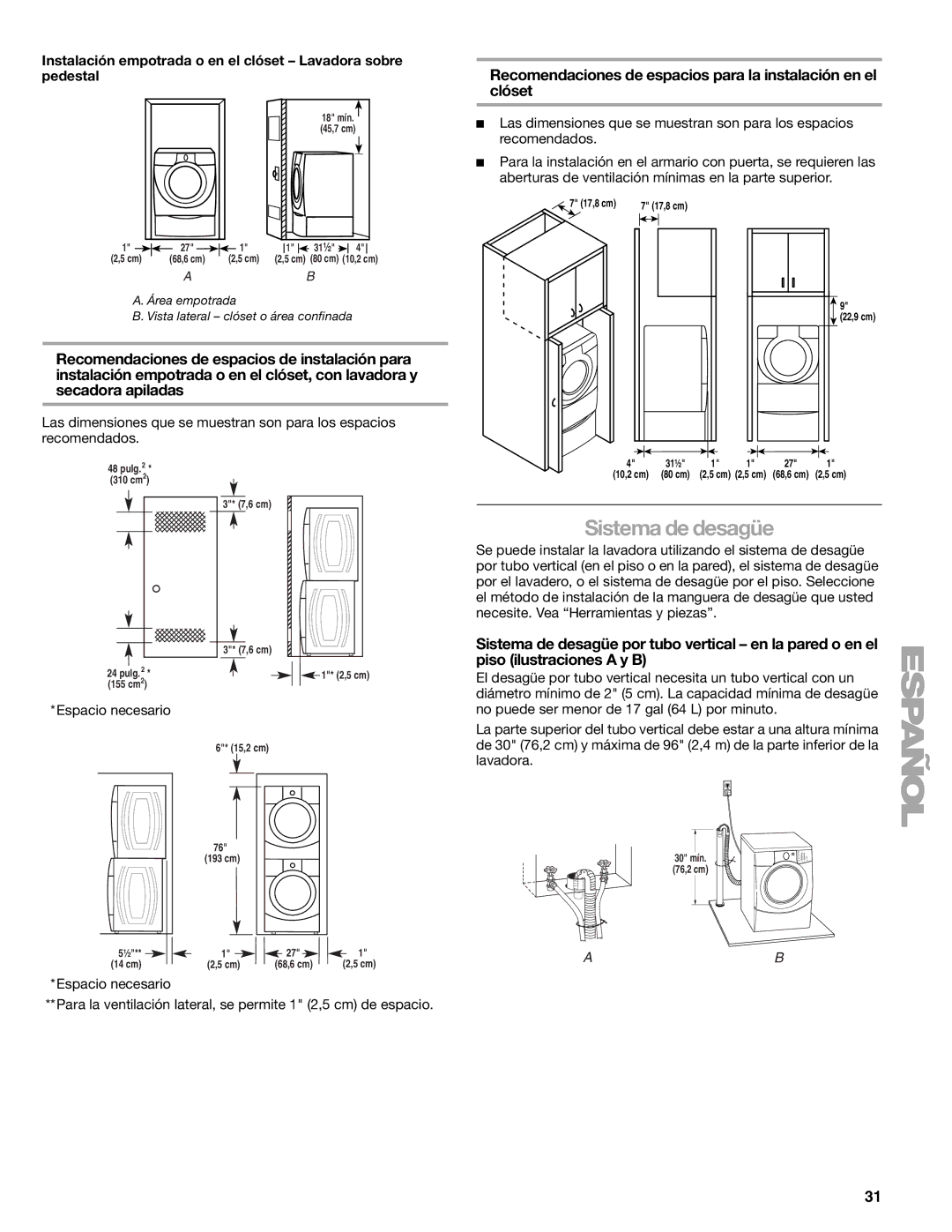 Kenmore W10133487A manual Sistema de desagüe, Espacio necesario 