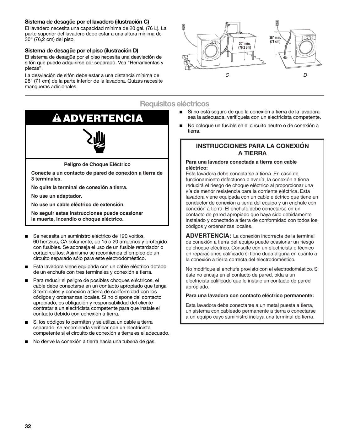 Kenmore W10133487A manual Requisitos eléctricos, Sistema de desagüe por el lavadero ilustración C 