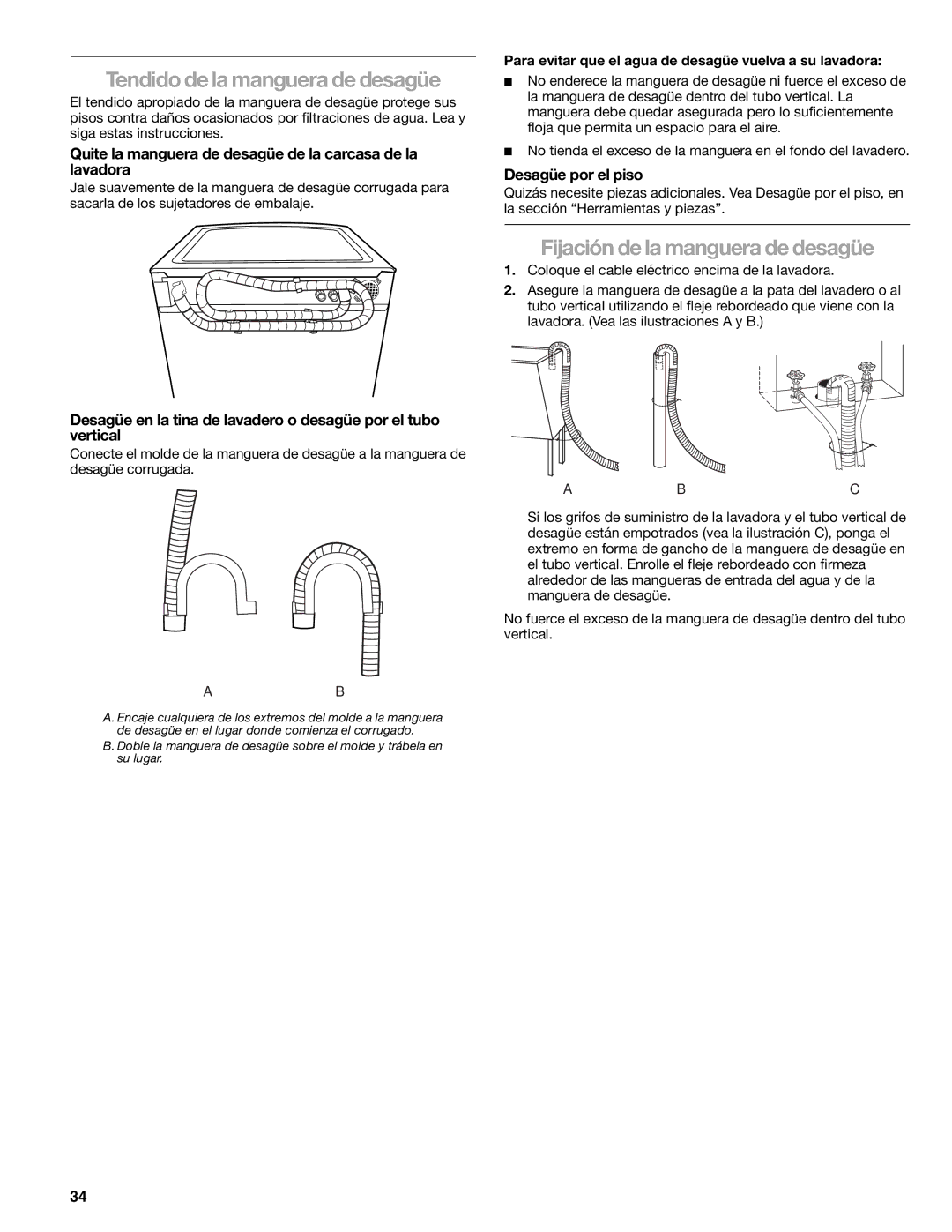 Kenmore W10133487A manual Tendido de la manguera de desagüe, Fijación de la manguera de desagüe, Desagüe por el piso 