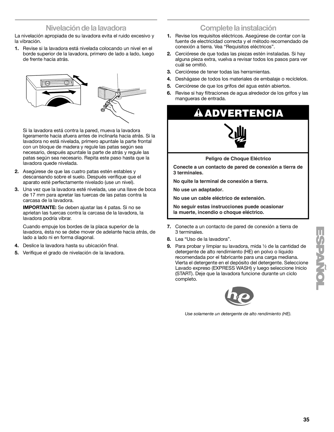 Kenmore W10133487A manual Nivelación de la lavadora, Complete la instalación 