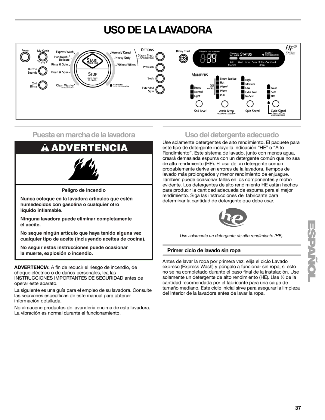 Kenmore W10133487A manual USO DE LA Lavadora, Puesta en marcha de la lavadora, Uso del detergente adecuado 