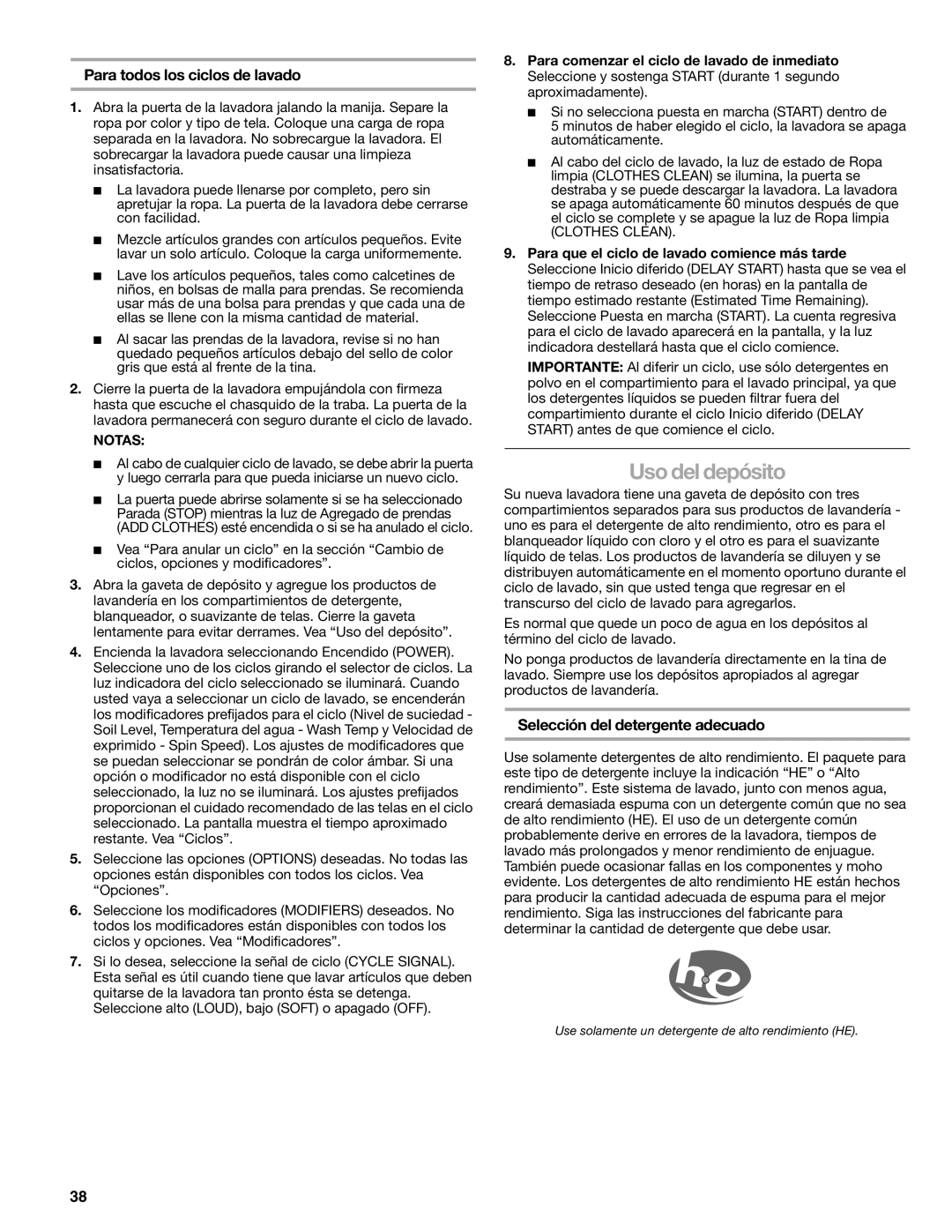 Kenmore W10133487A manual Uso del depósito, Para todos los ciclos de lavado, Selección del detergente adecuado, Notas 