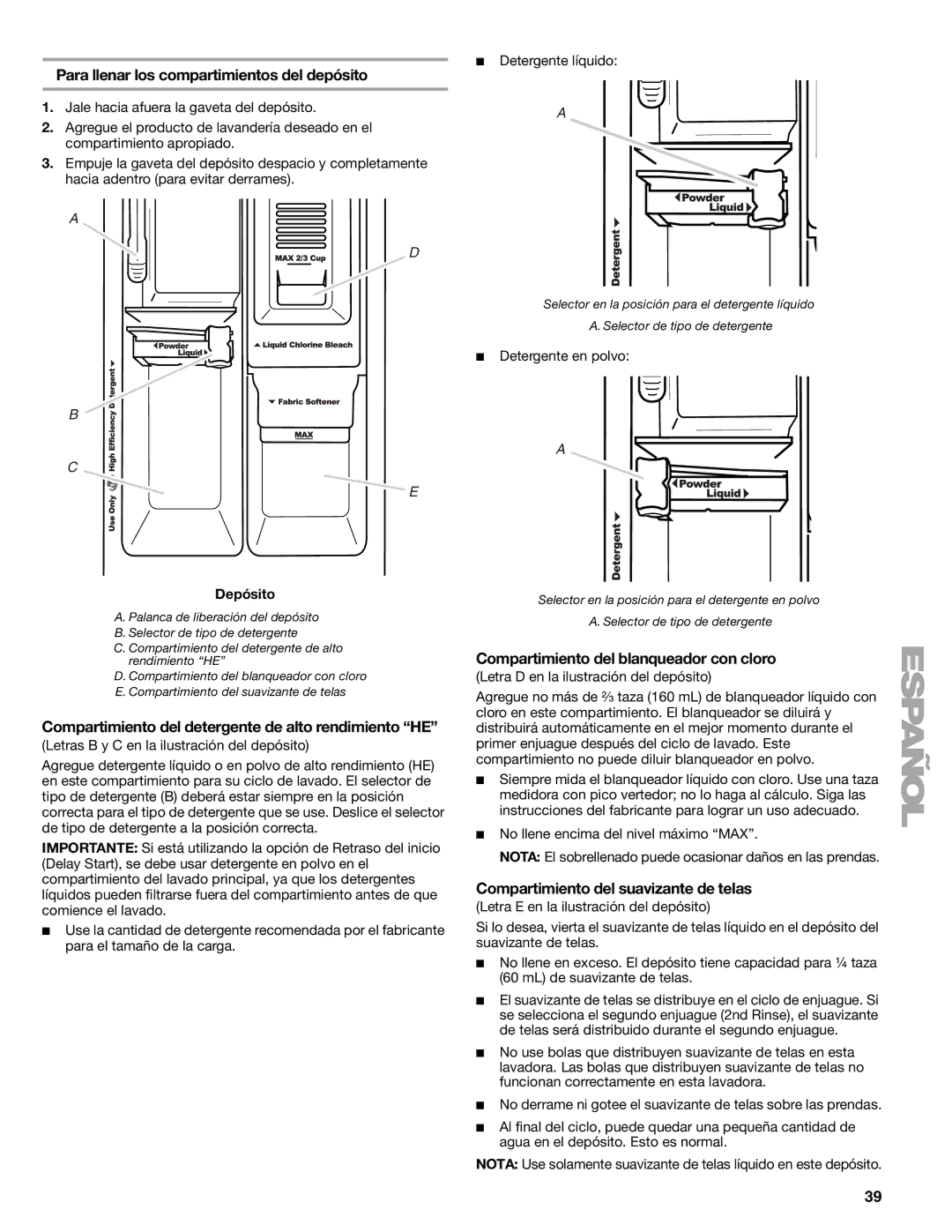 Kenmore W10133487A Para llenar los compartimientos del depósito, Compartimiento del detergente de alto rendimiento HE 