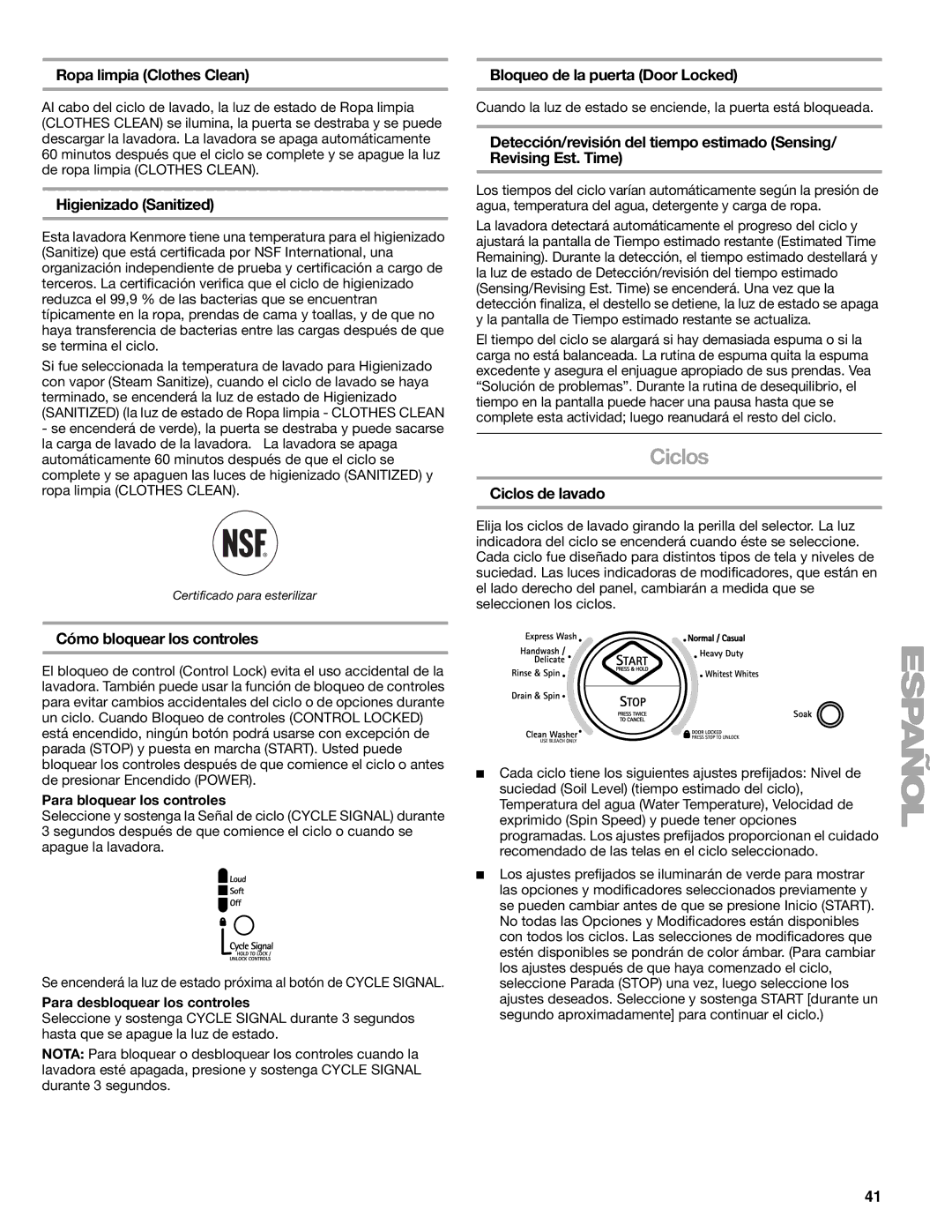 Kenmore W10133487A manual Ciclos 