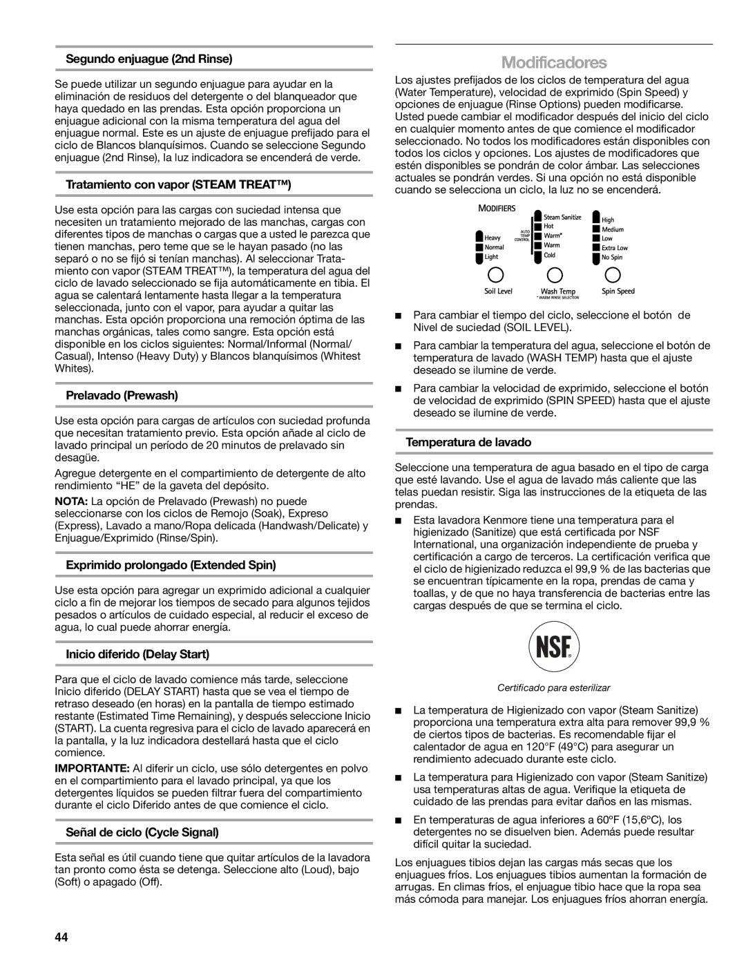 Kenmore W10133487A manual Segundo enjuague 2nd Rinse, Prelavado Prewash, Exprimido prolongado Extended Spin 