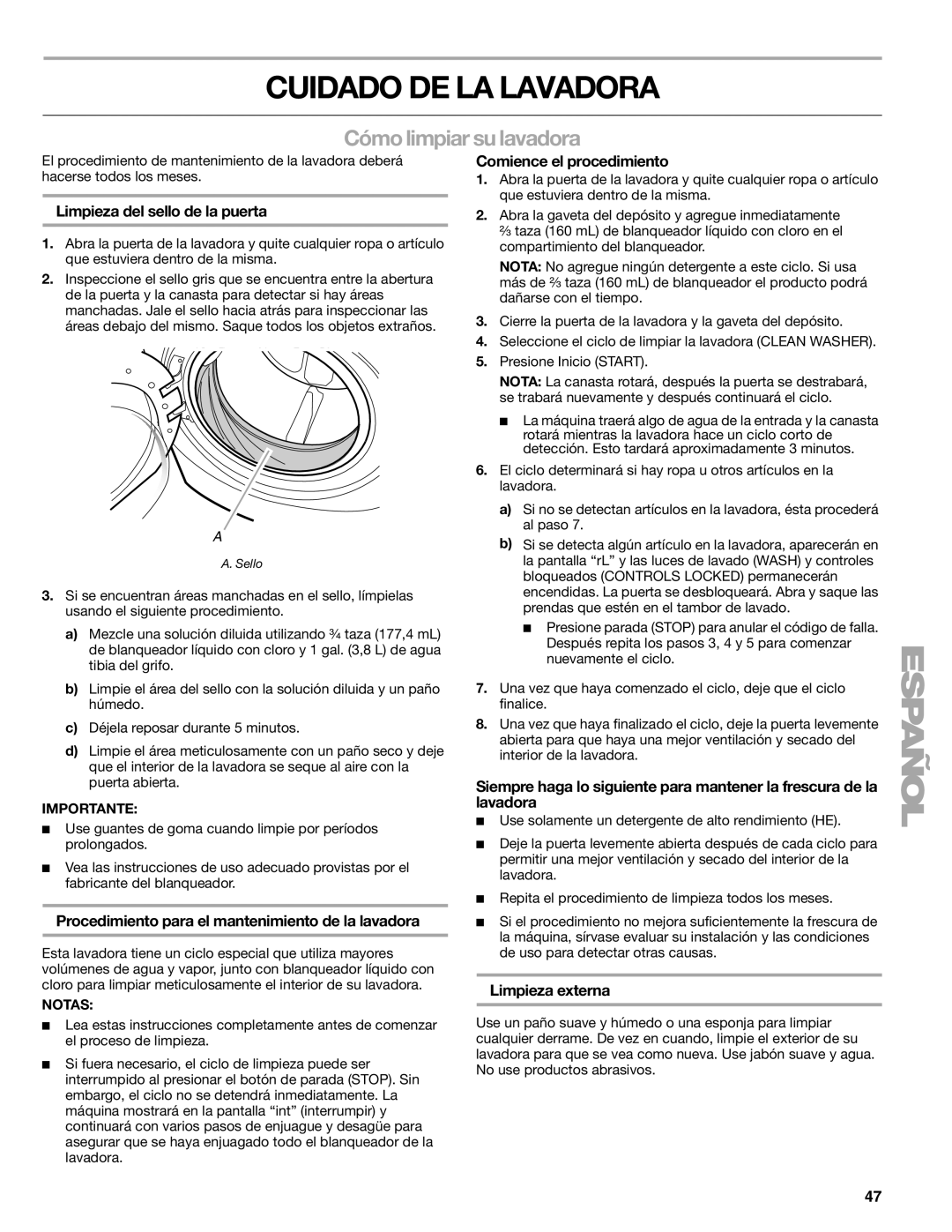 Kenmore W10133487A manual Cuidado DE LA Lavadora, Cómo limpiar su lavadora 