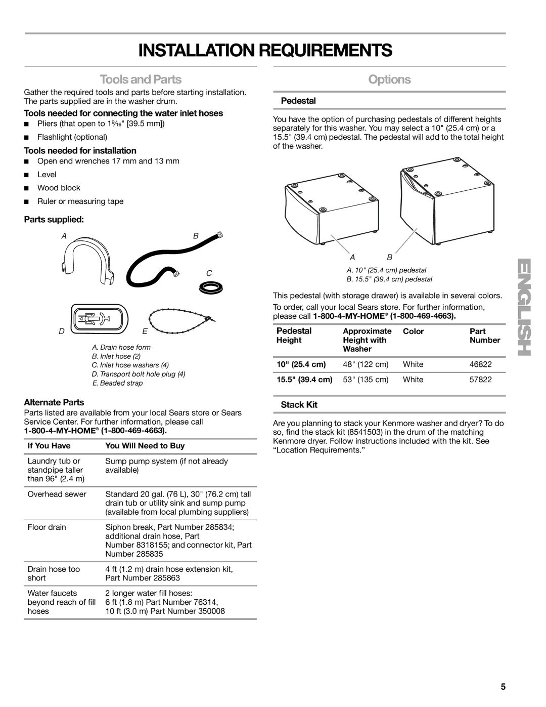 Kenmore W10133487A manual Installation Requirements, Tools and Parts, Options 