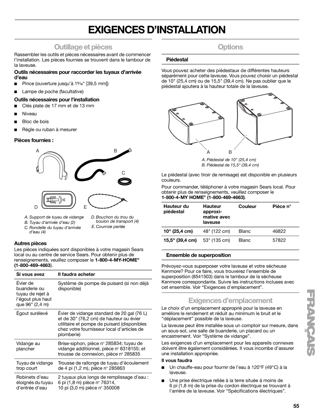 Kenmore W10133487A manual Exigences D’INSTALLATION, Outillage et pièces, Exigences d’emplacement 