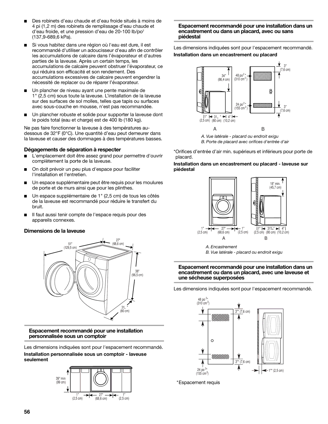 Kenmore W10133487A manual Dégagements de séparation à respecter, Dimensions de la laveuse 