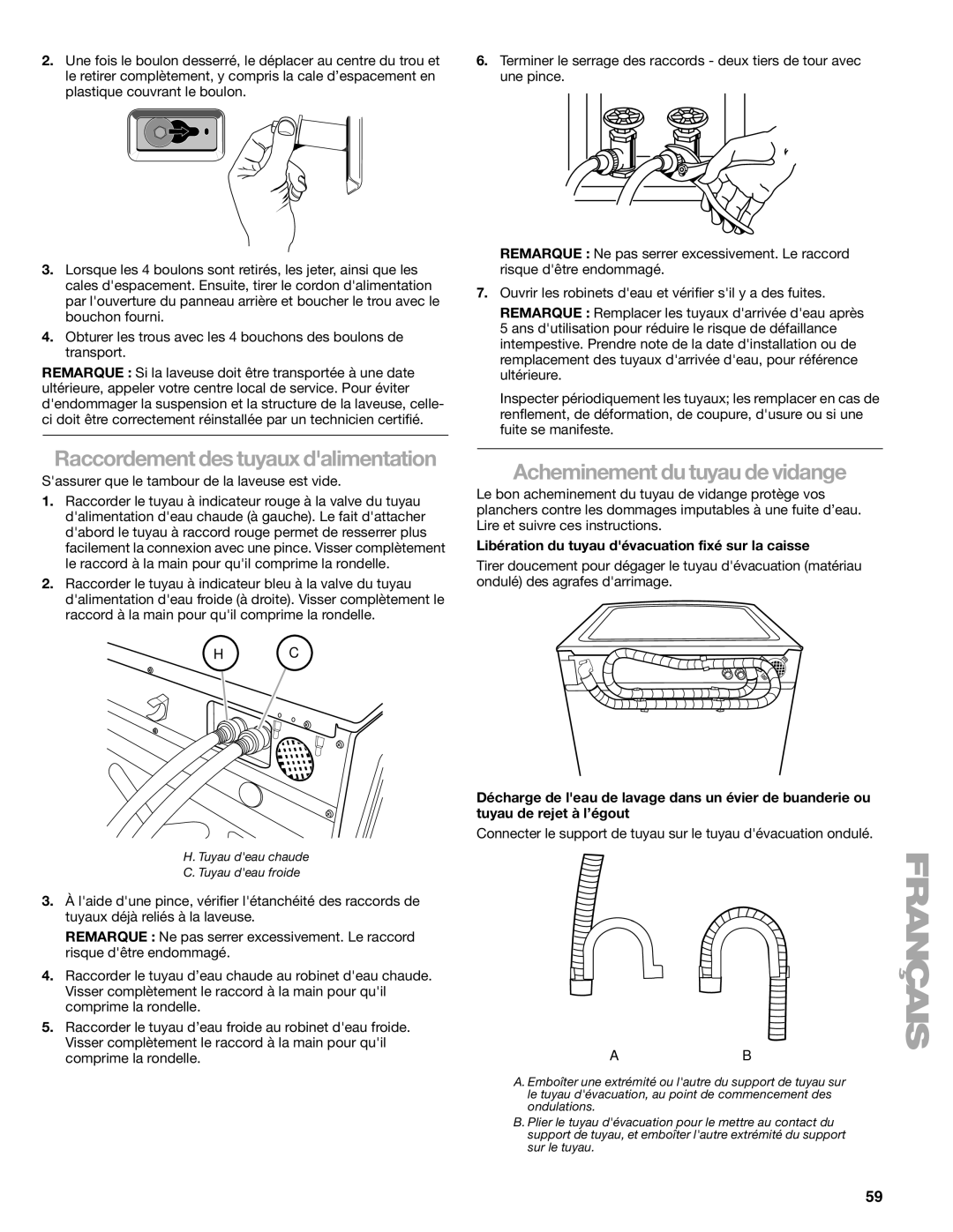 Kenmore W10133487A manual Acheminement du tuyau de vidange, Sassurer que le tambour de la laveuse est vide 