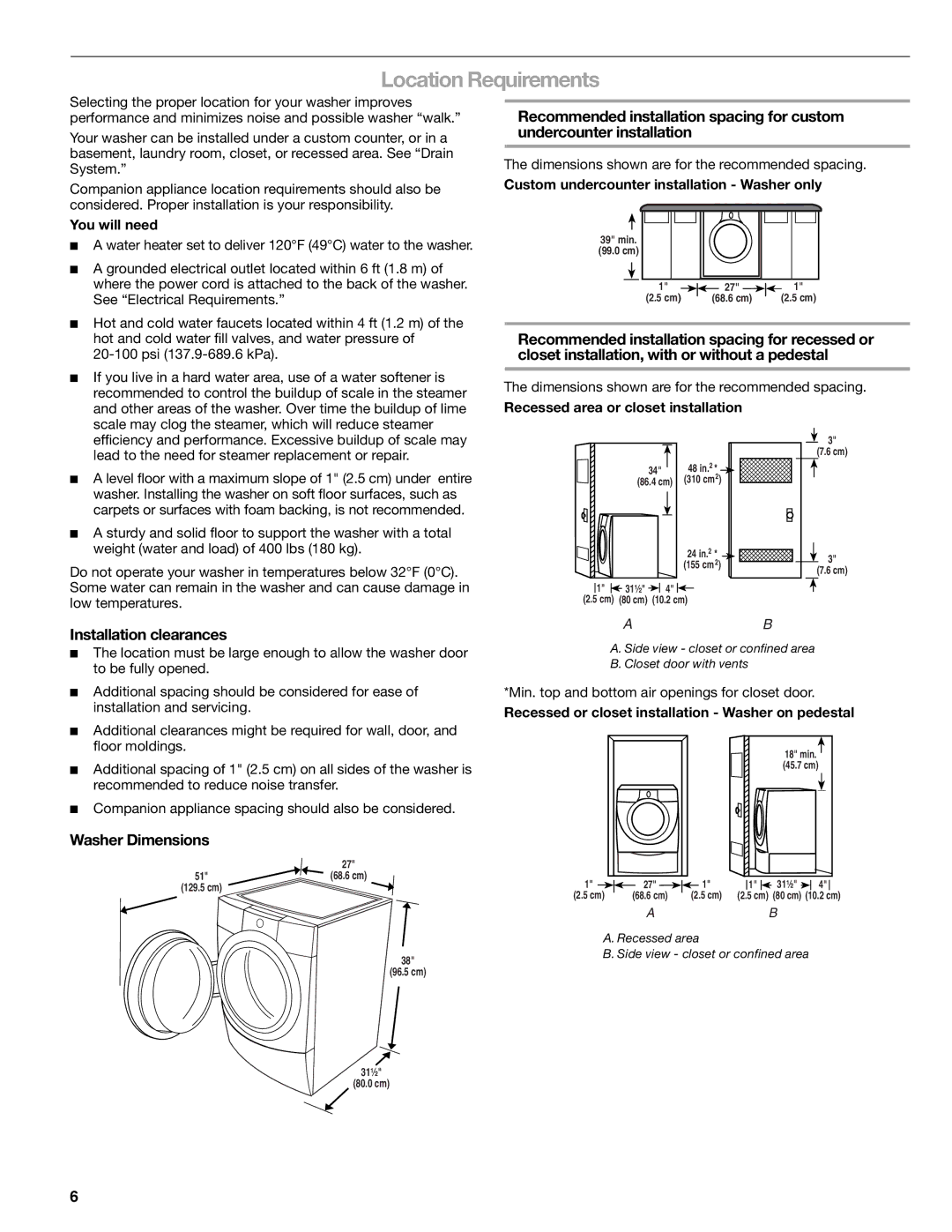 Kenmore W10133487A manual Location Requirements, Installation clearances, Washer Dimensions 