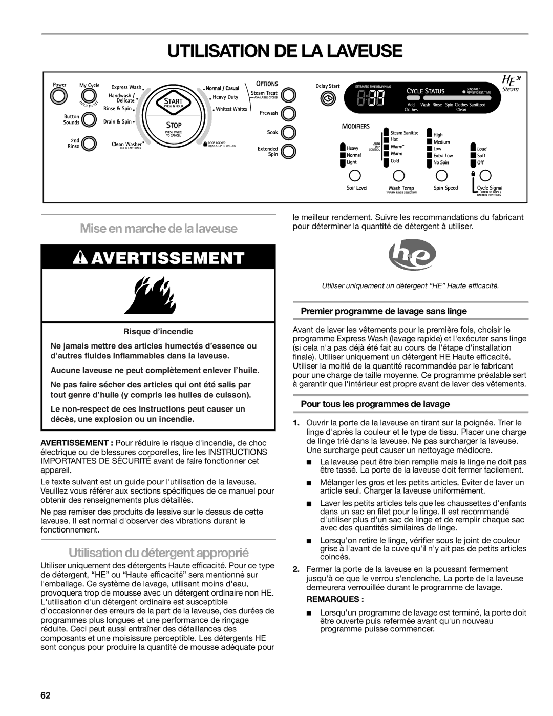 Kenmore W10133487A manual Utilisation DE LA Laveuse, Mise en marche de la laveuse, Utilisation du détergent approprié 