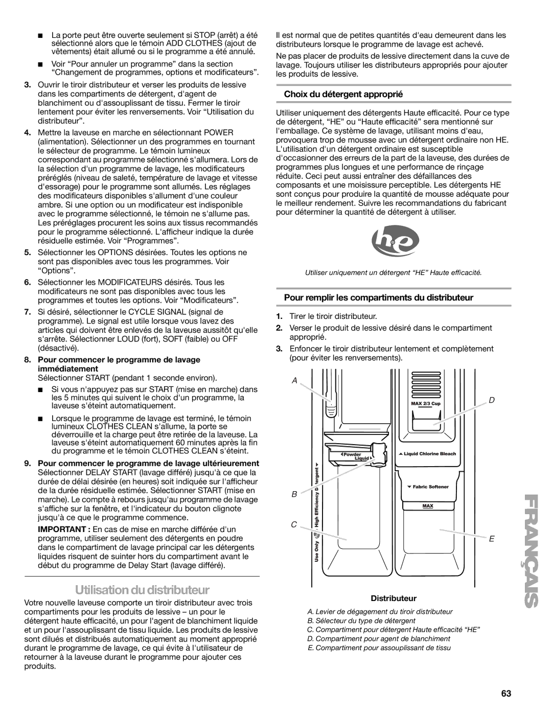 Kenmore W10133487A manual Utilisation du distributeur, Choix du détergent approprié, Distributeur 