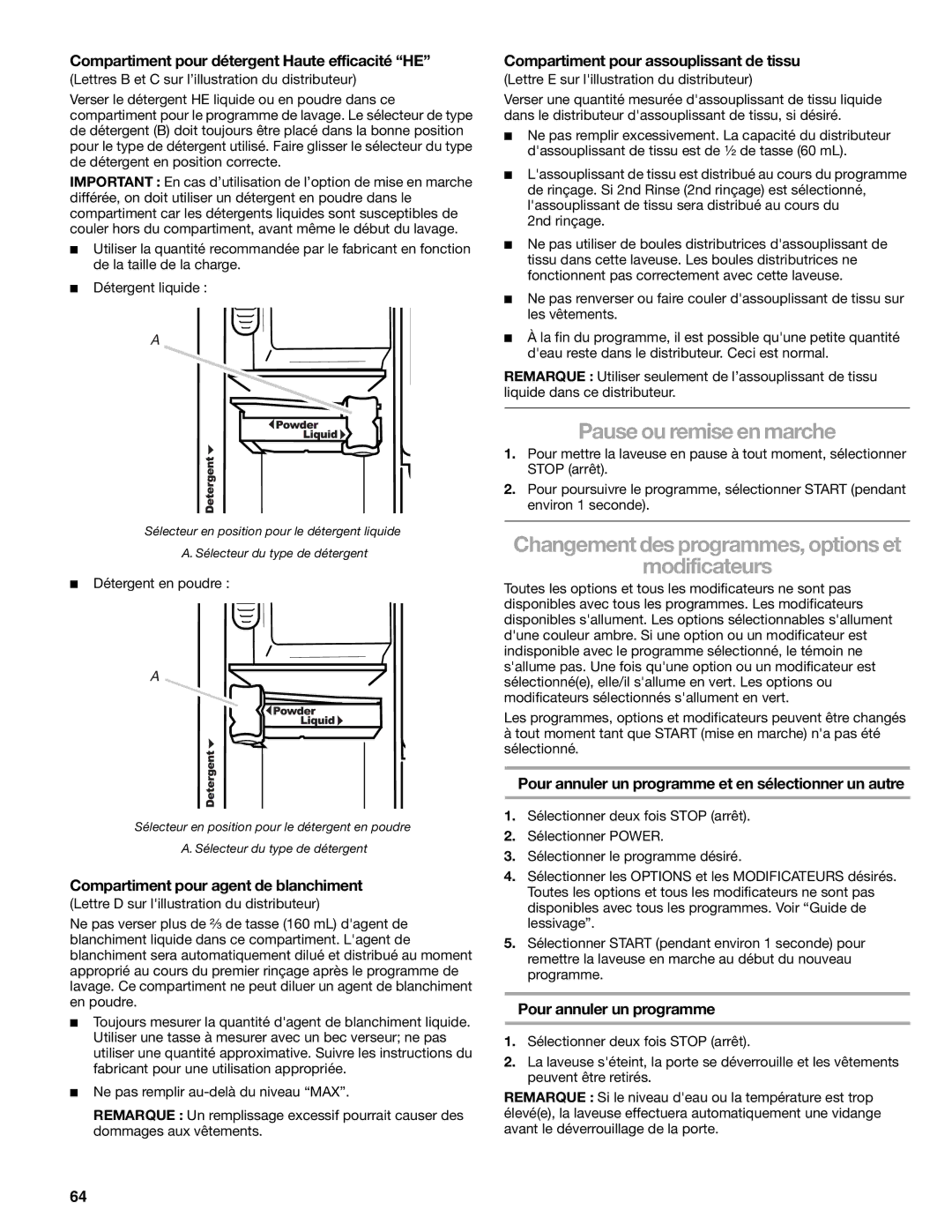 Kenmore W10133487A manual Pause ou remise en marche, Modificateurs 