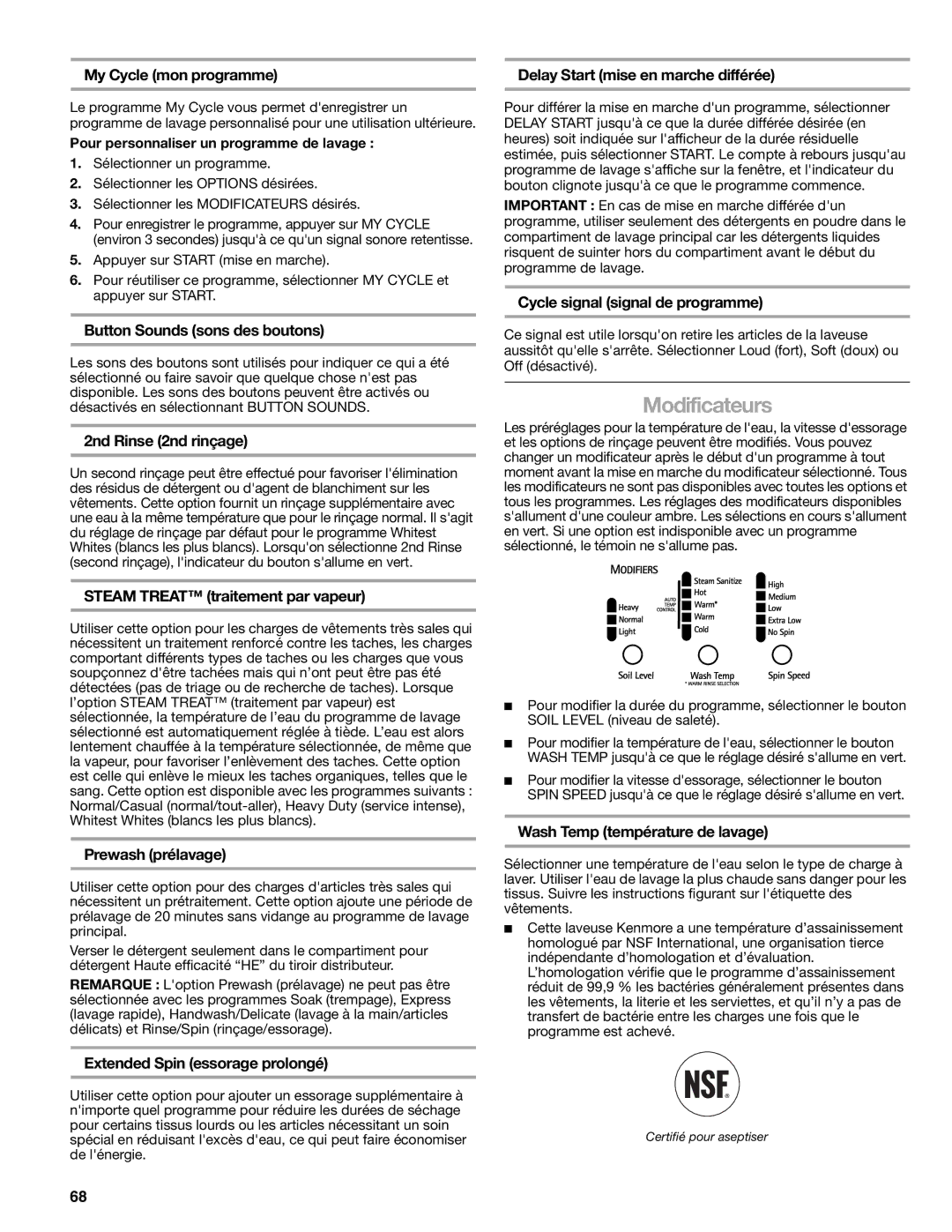 Kenmore W10133487A manual My Cycle mon programme, Button Sounds sons des boutons, 2nd Rinse 2nd rinçage, Prewash prélavage 