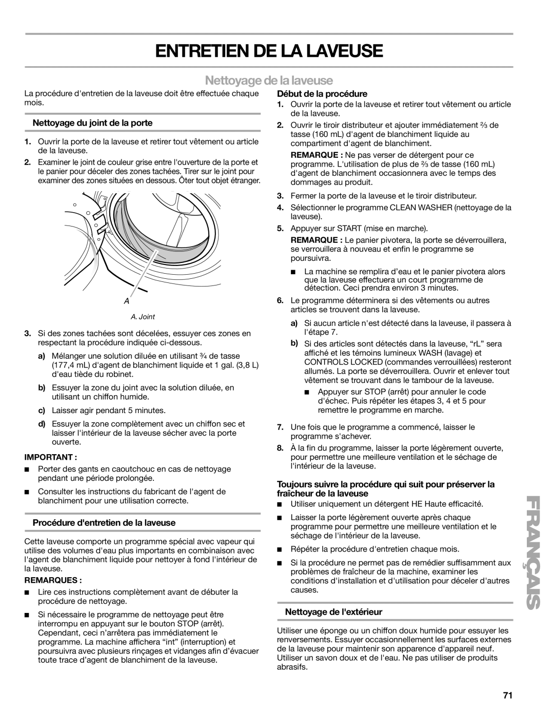 Kenmore W10133487A manual Entretien DE LA Laveuse, Nettoyage de la laveuse 