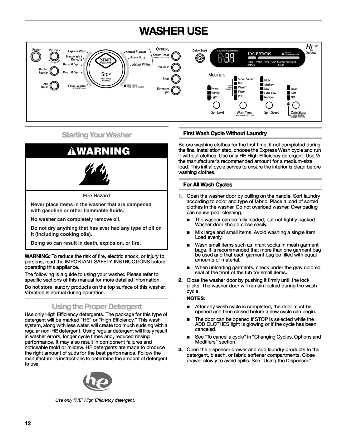 Kenmore W10133487A manual Washer Use, Starting Your Washer, Using the Proper Detergent, First Wash Cycle Without Laundry 