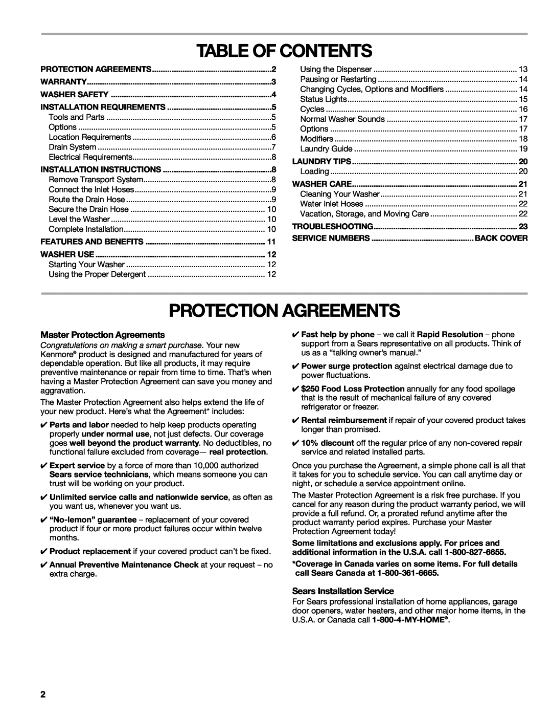 Kenmore W10133487A manual Table Of Contents, Master Protection Agreements, Sears Installation Service 