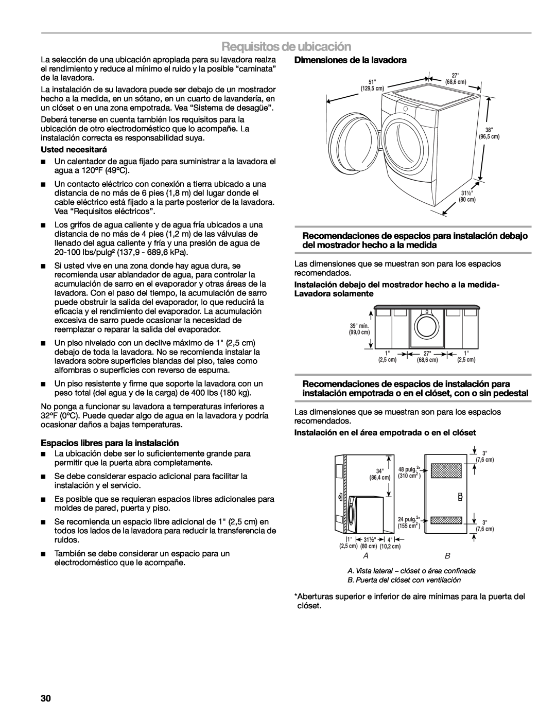 Kenmore W10133487A manual Requisitos de ubicación, Dimensiones de la lavadora, Espacios libres para la instalación 