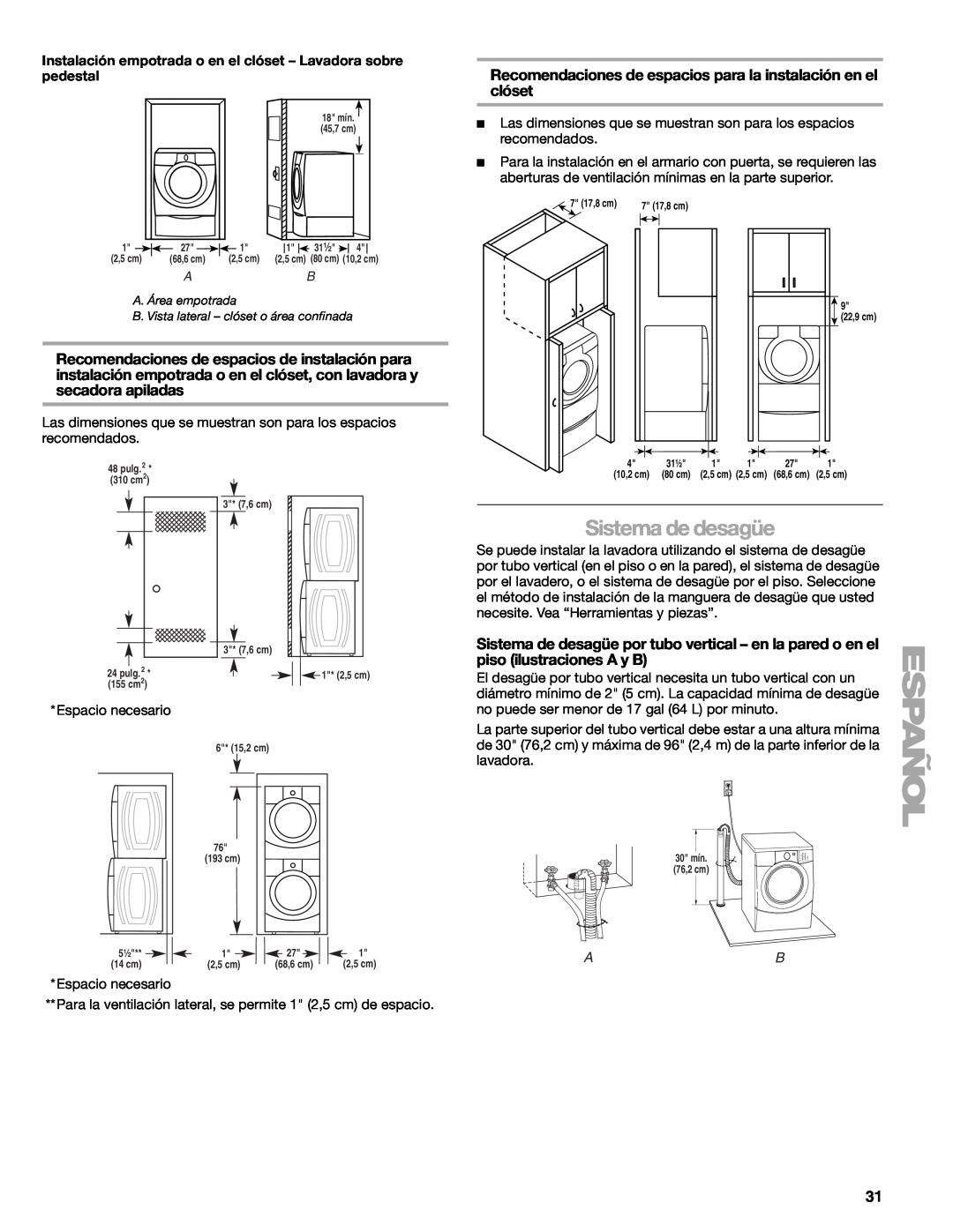 Kenmore W10133487A manual Sistema de desagüe, Recomendaciones de espacios para la instalación en el clóset 