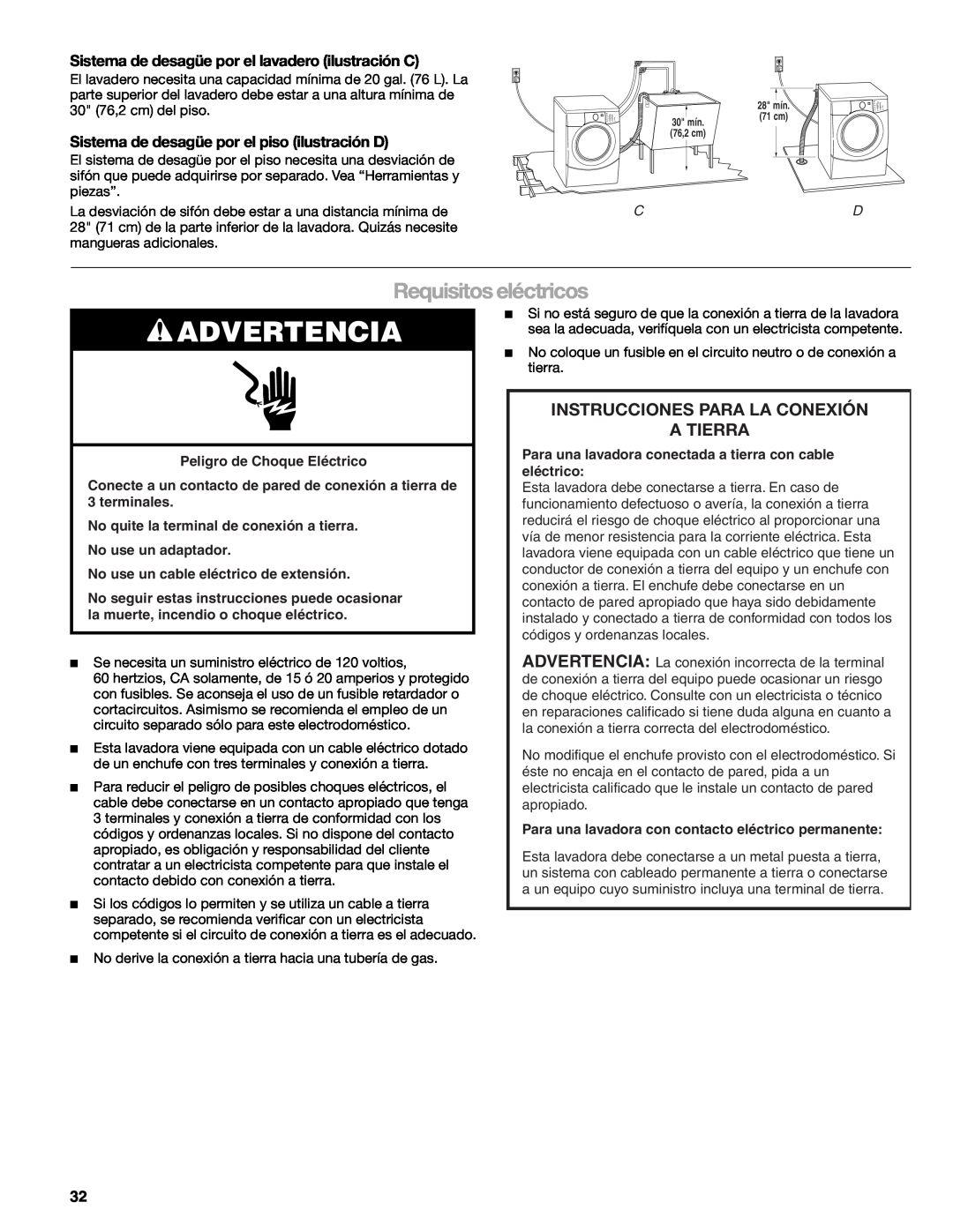 Kenmore W10133487A manual Advertencia, Requisitos eléctricos, Instrucciones Para La Conexión A Tierra 