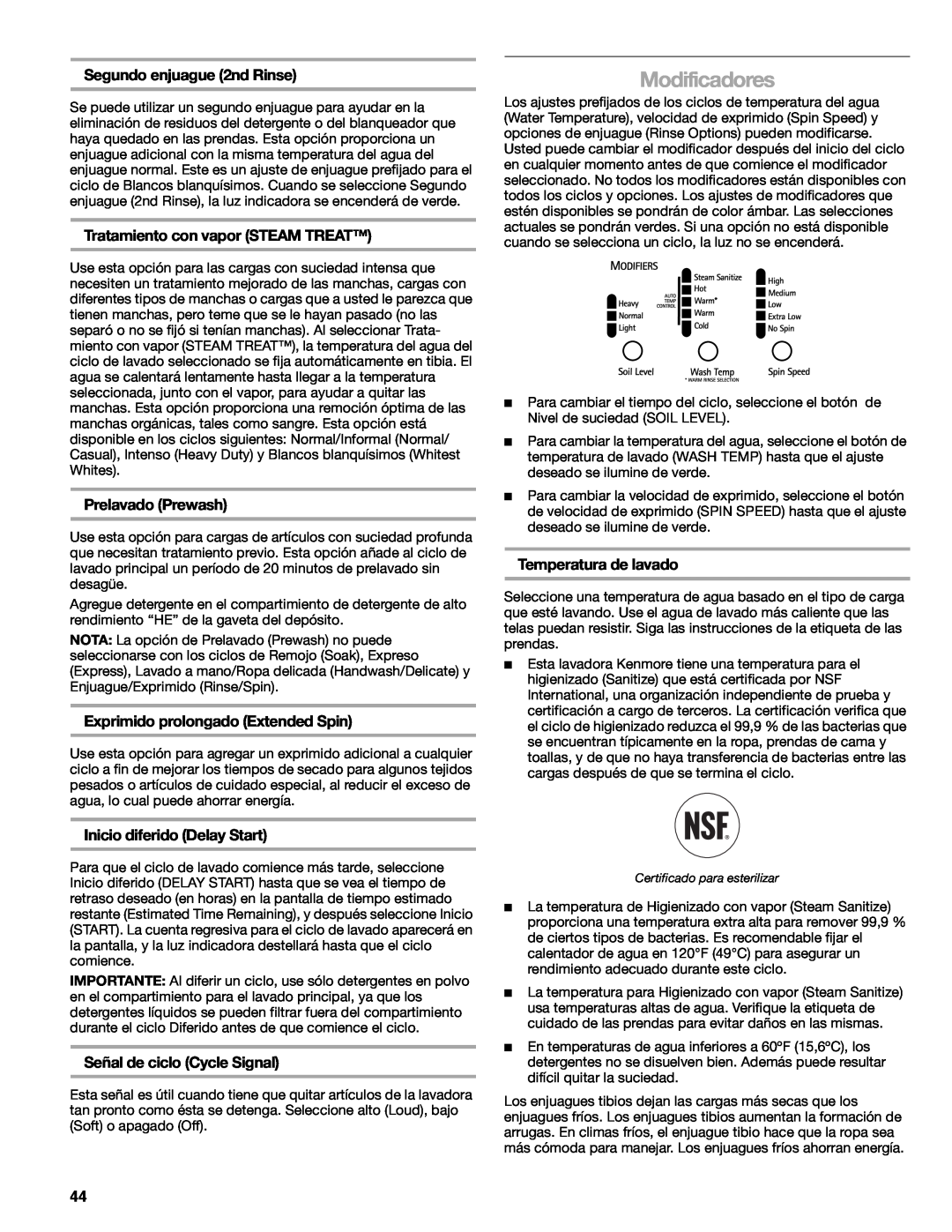 Kenmore W10133487A manual Modificadores, Segundo enjuague 2nd Rinse, Prelavado Prewash, Exprimido prolongado Extended Spin 