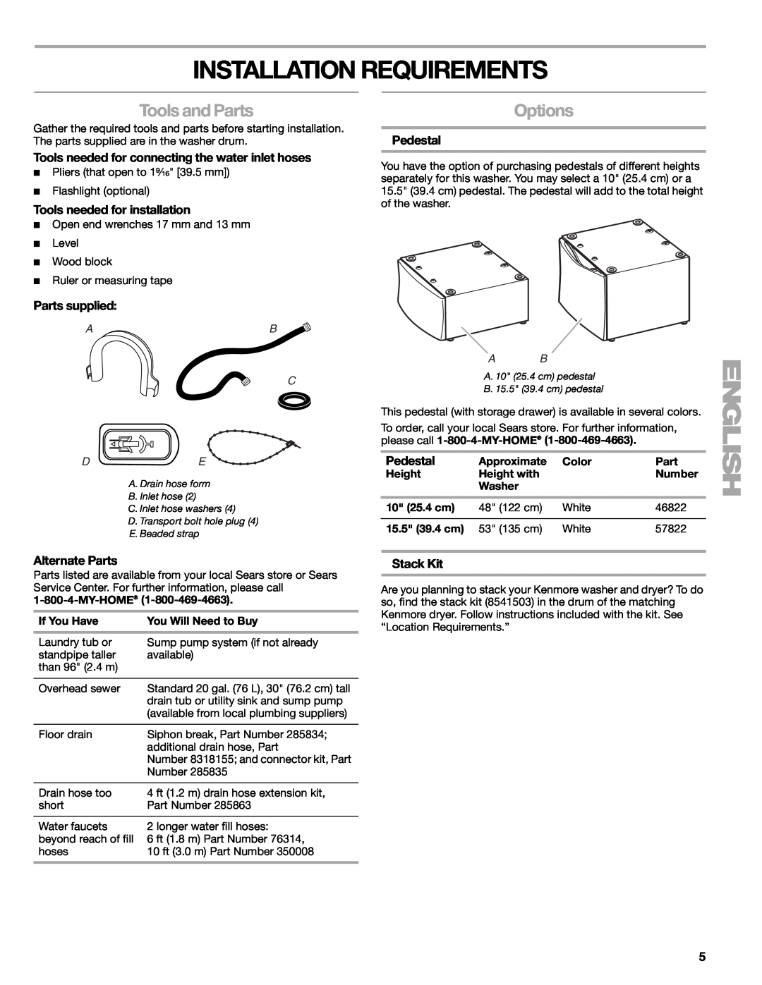 Kenmore W10133487A Installation Requirements, Tools and Parts, Options, Tools needed for connecting the water inlet hoses 