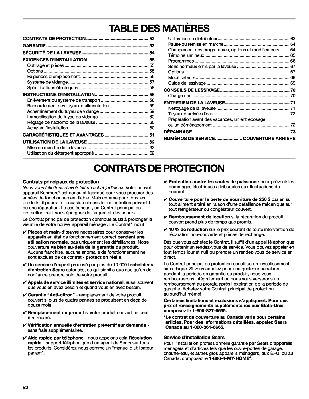 Kenmore W10133487A manual Table Des Matières, Contrats De Protection, Contrats principaux de protection 