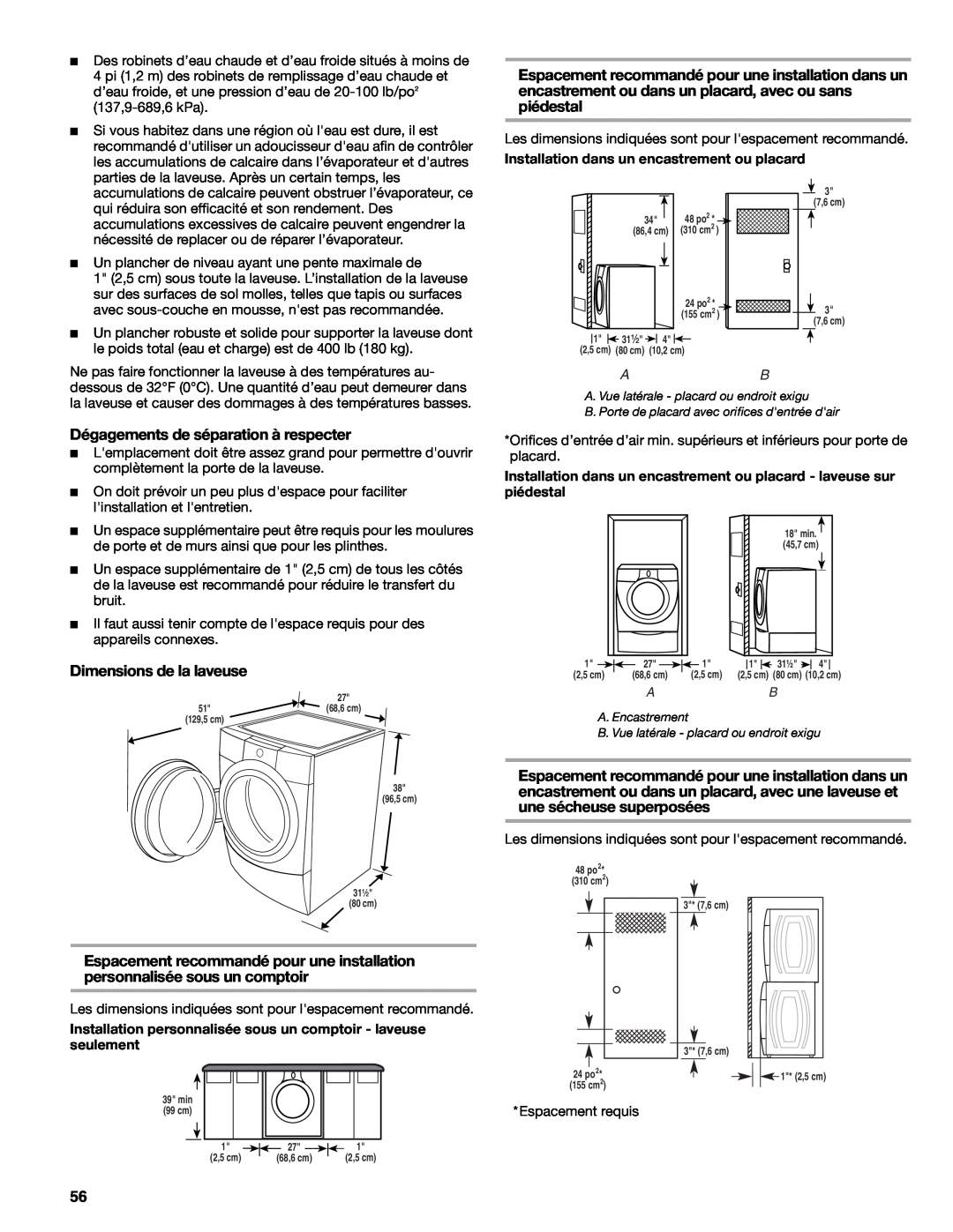 Kenmore W10133487A manual Dégagements de séparation à respecter, Dimensions de la laveuse 