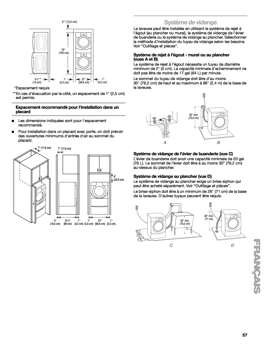 Kenmore W10133487A manual Système de vidange, Espacement recommandé pour linstallation dans un placard 