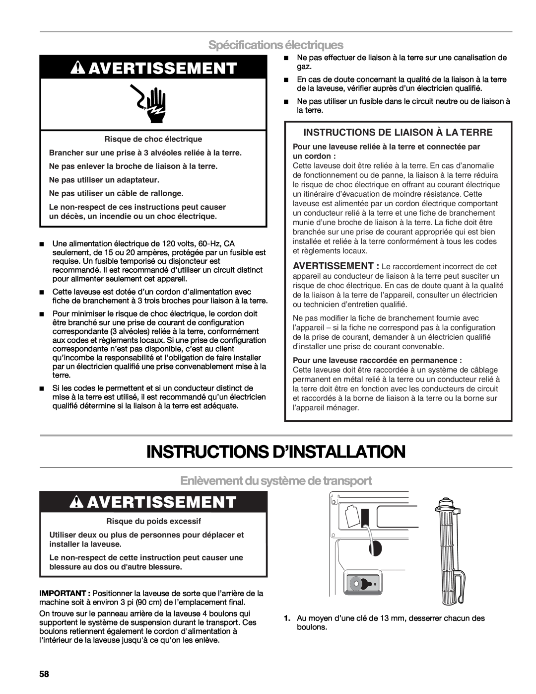Kenmore W10133487A manual Instructions D’Installation, Avertissement, Spécifications électriques, Risque du poids excessif 
