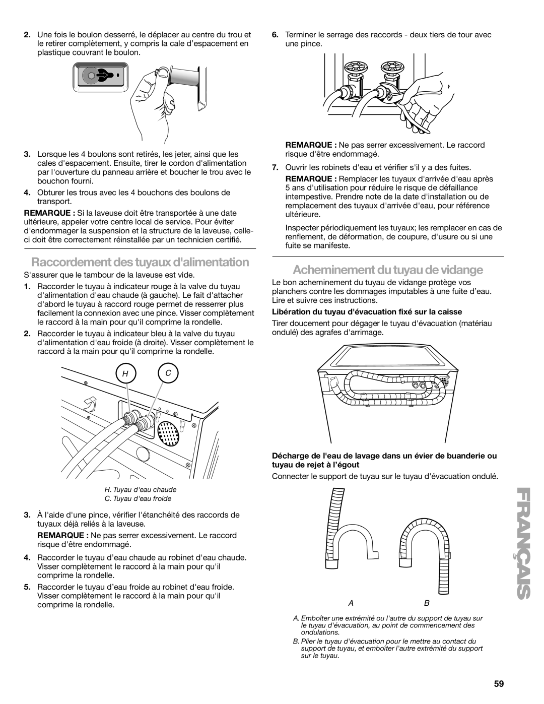 Kenmore W10133487A manual Acheminement du tuyau de vidange, Raccordement des tuyaux dalimentation 