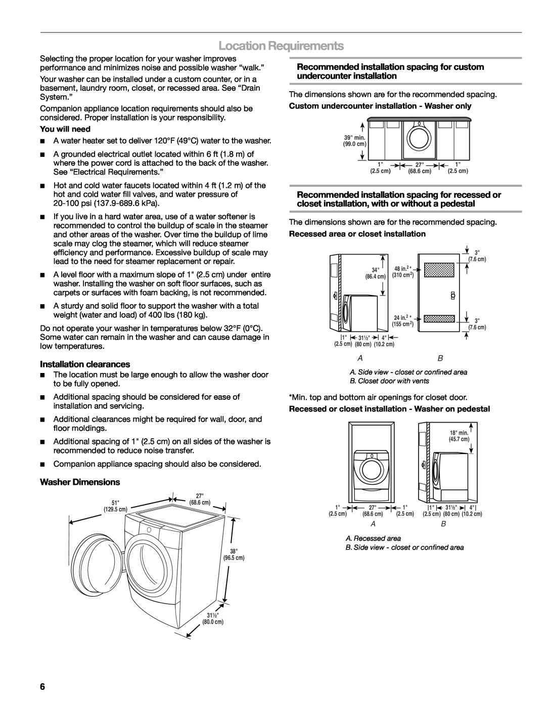 Kenmore W10133487A manual Location Requirements, Installation clearances, Washer Dimensions 
