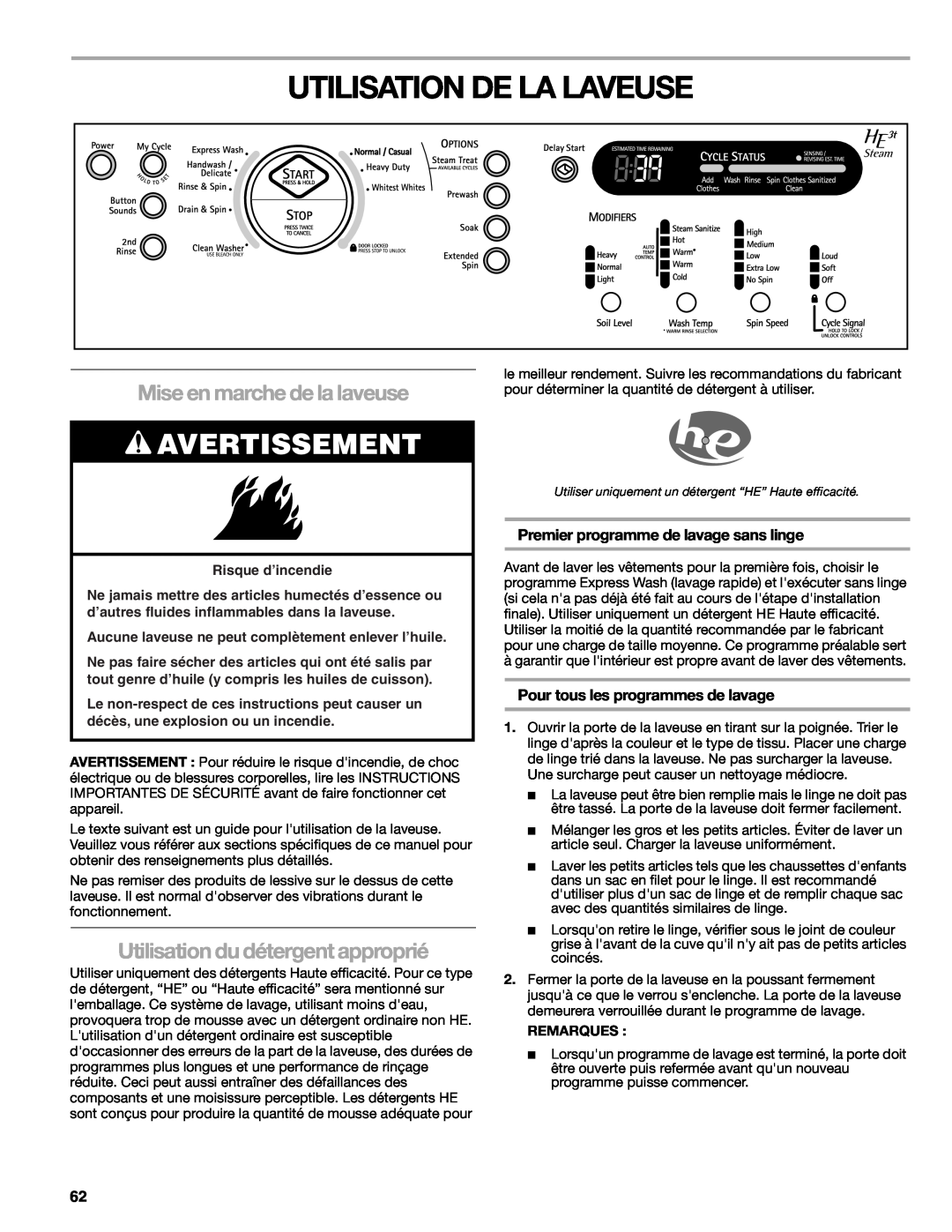 Kenmore W10133487A manual Utilisation De La Laveuse, Mise en marche de la laveuse, Utilisation du détergent approprié 