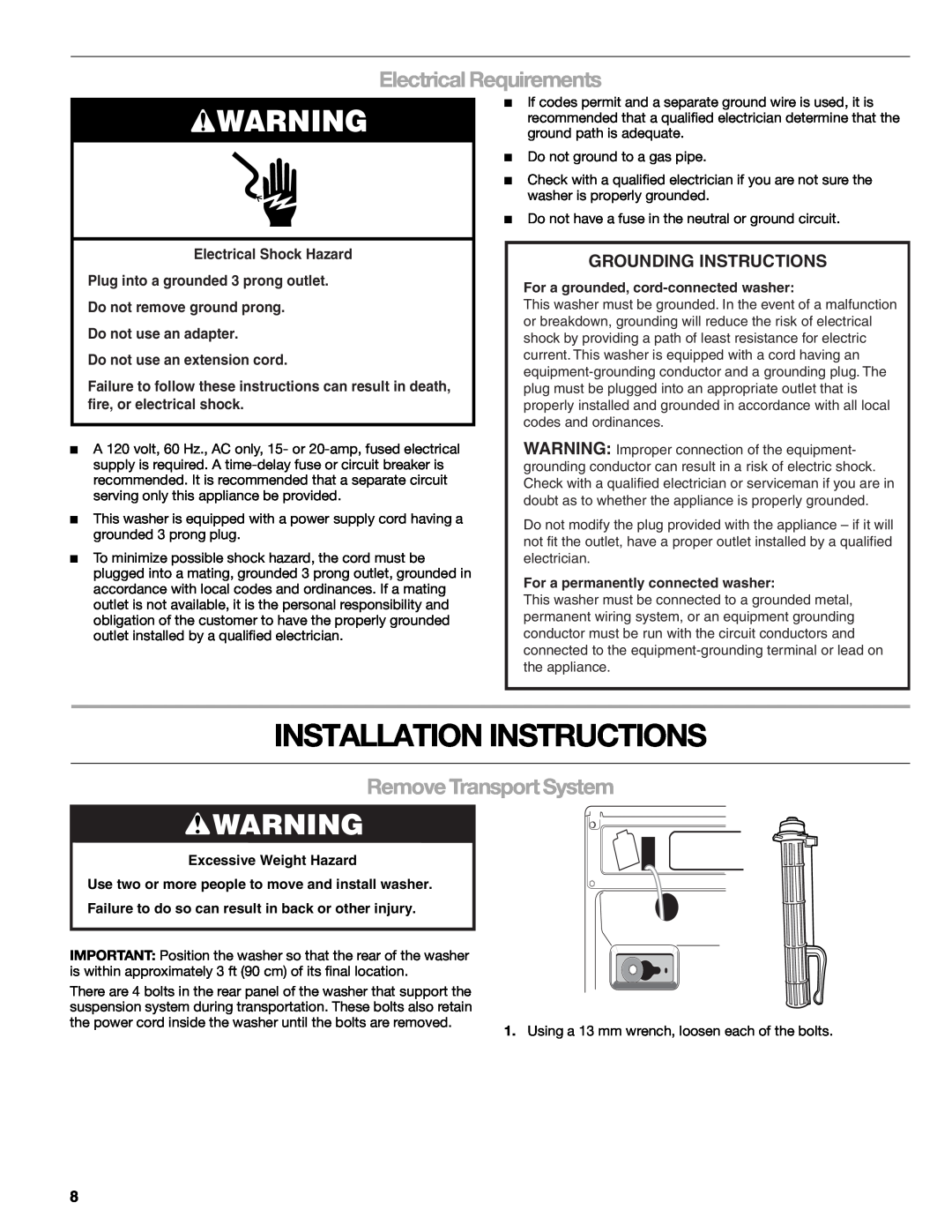 Kenmore W10133487A Installation Instructions, Electrical Requirements, Remove Transport System, Grounding Instructions 