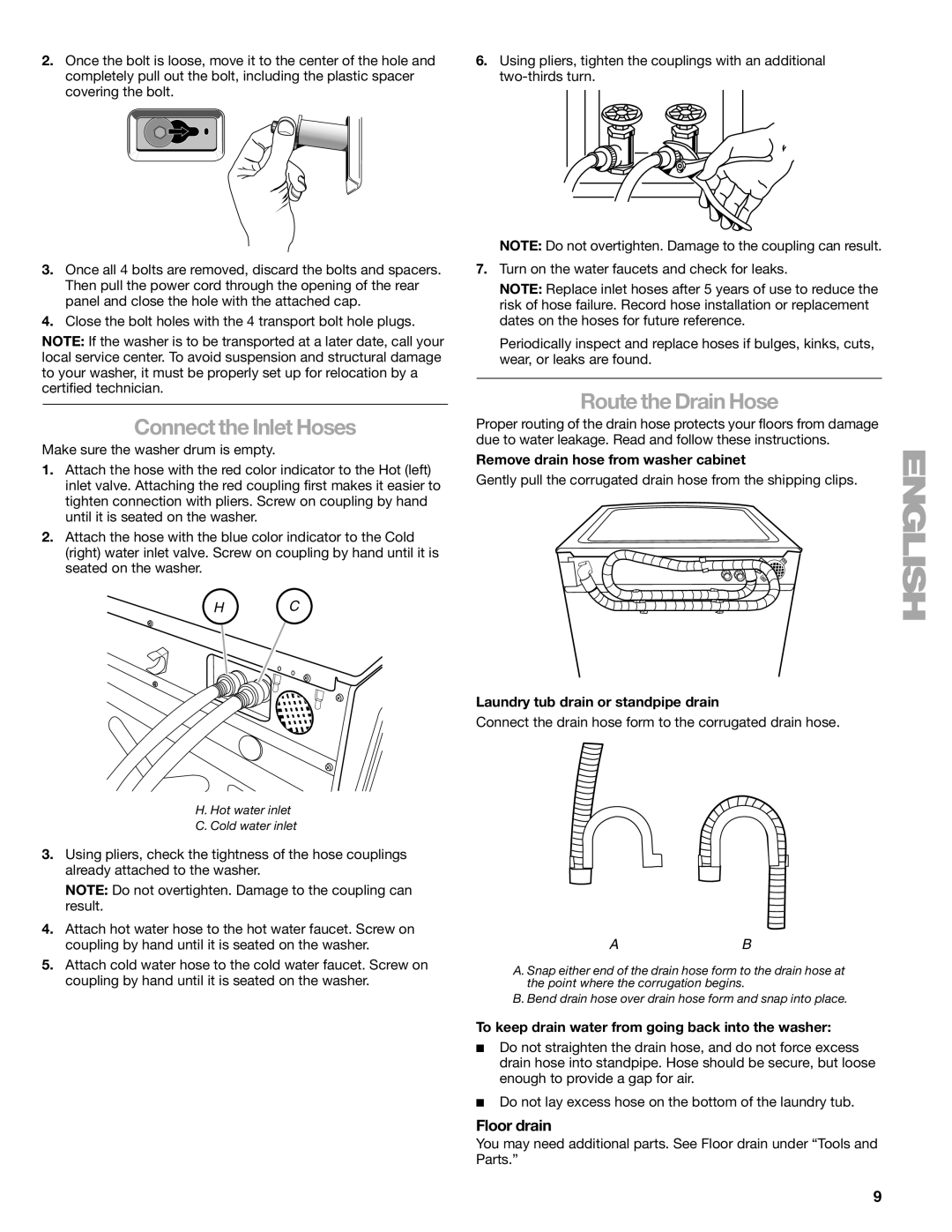 Kenmore W10133487A manual Connect the Inlet Hoses, Route the Drain Hose, Floor drain 