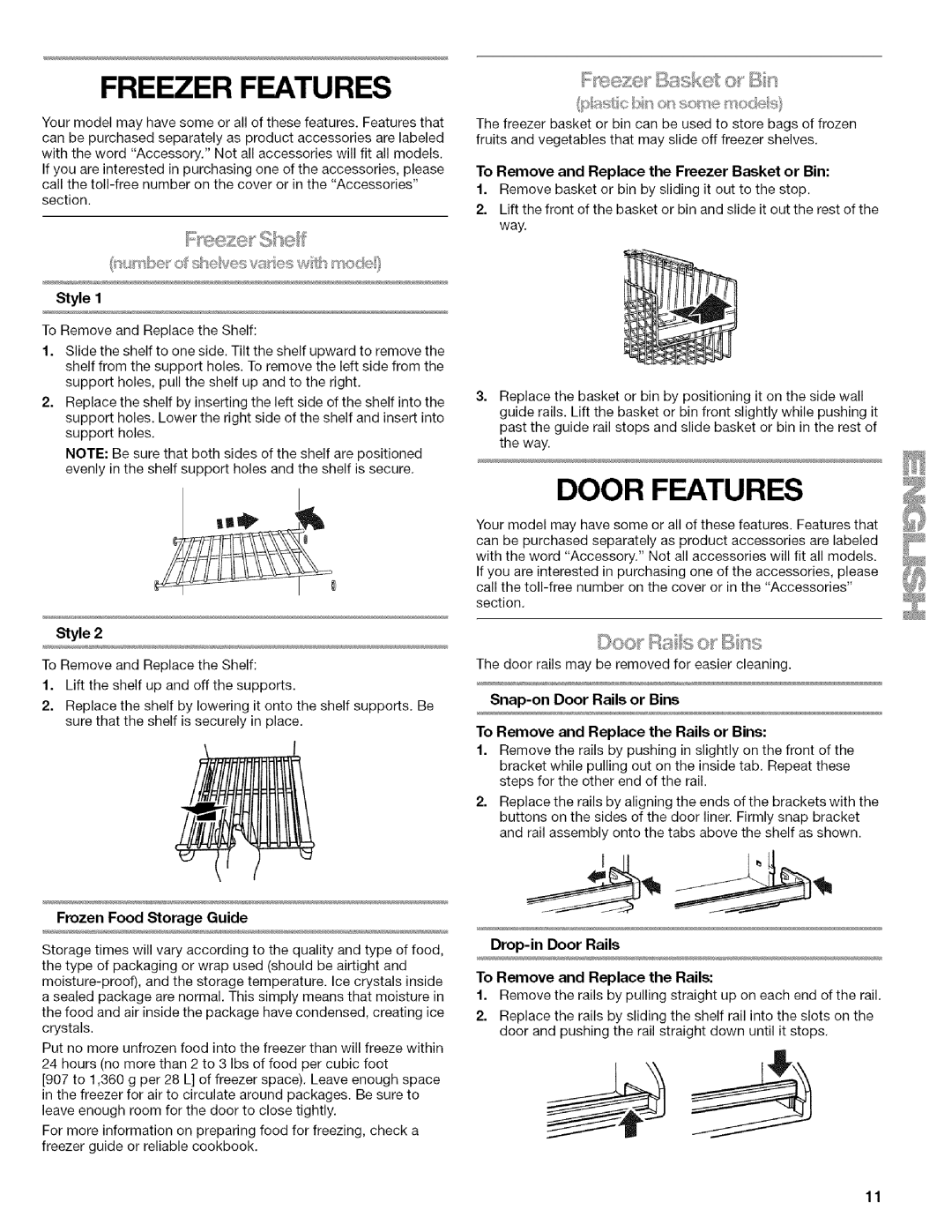 Kenmore w10144349A manual Freezer Features, Door Features, Sket, Oo Rss B 