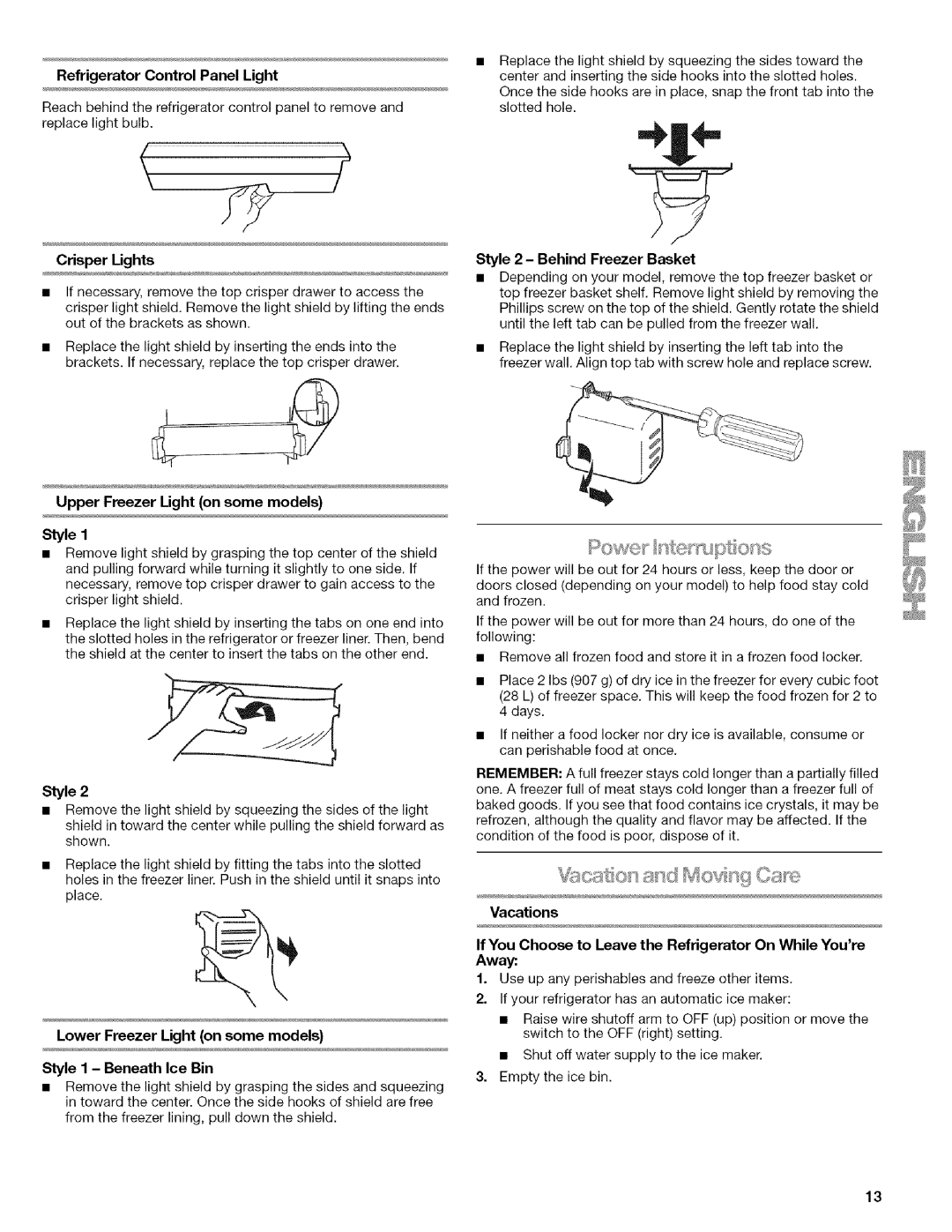 Kenmore w10144349A manual Refrigerator Control Panel Light, Crisper Lights, Upper Freezer Light on some models 