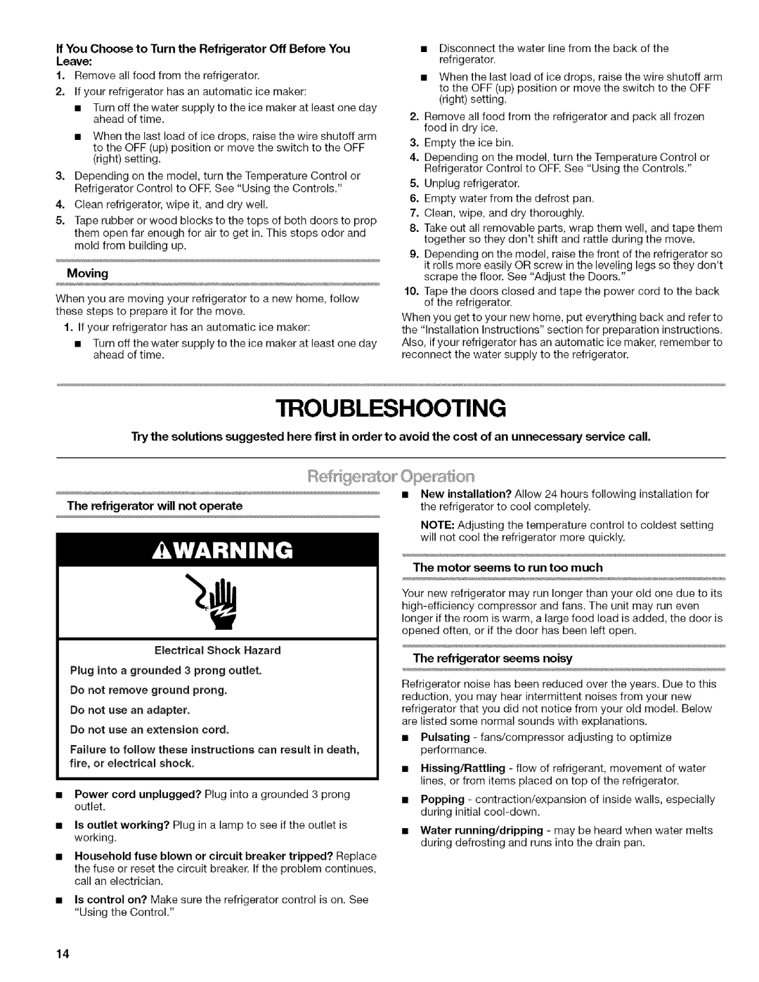 Kenmore w10144349A manual Troubleshooting, Motor seems to run too much, Refrigerator seems noisy 