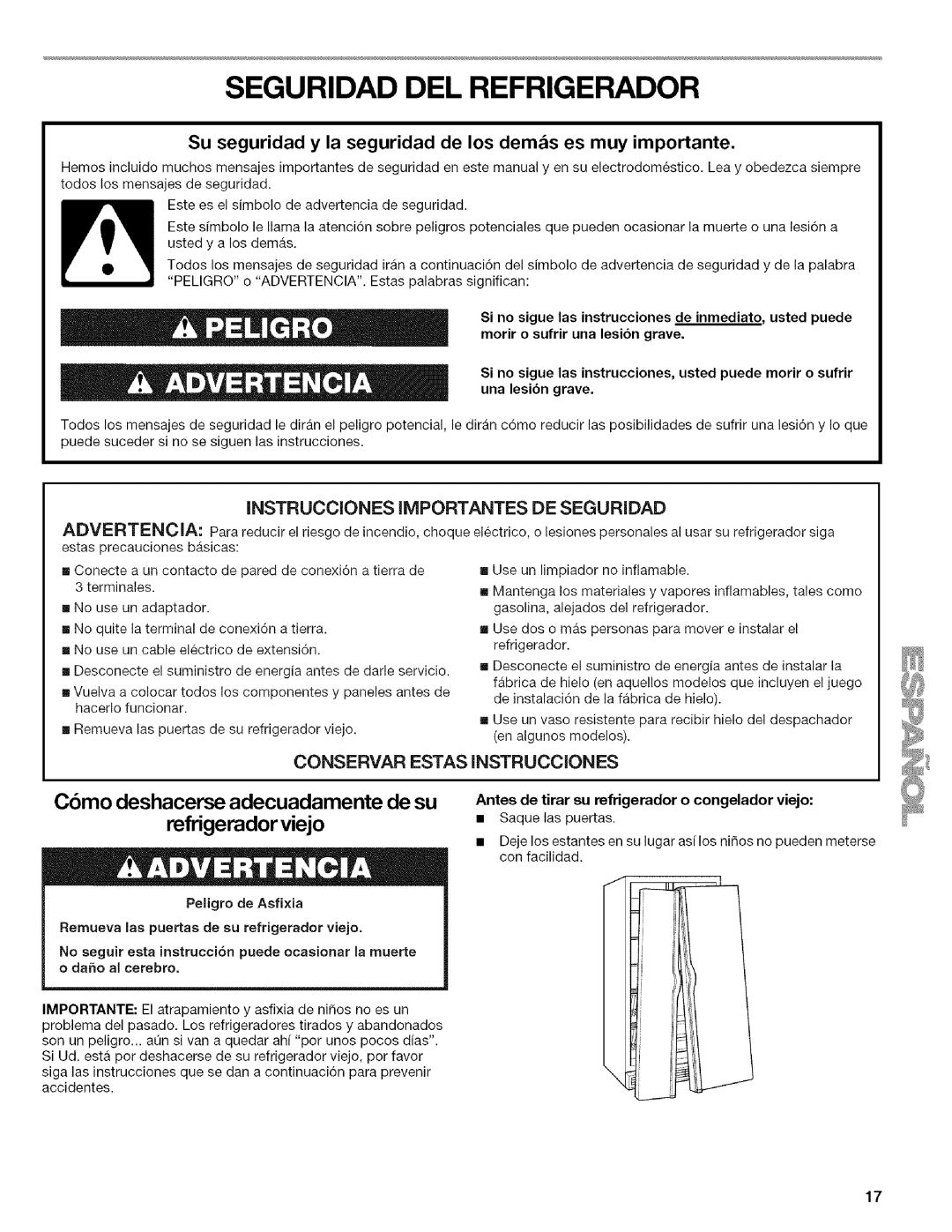 Kenmore w10144349A manual Seguridad DEL Refrigerador, Antes de tirar su refrigerador o congelador viejo 